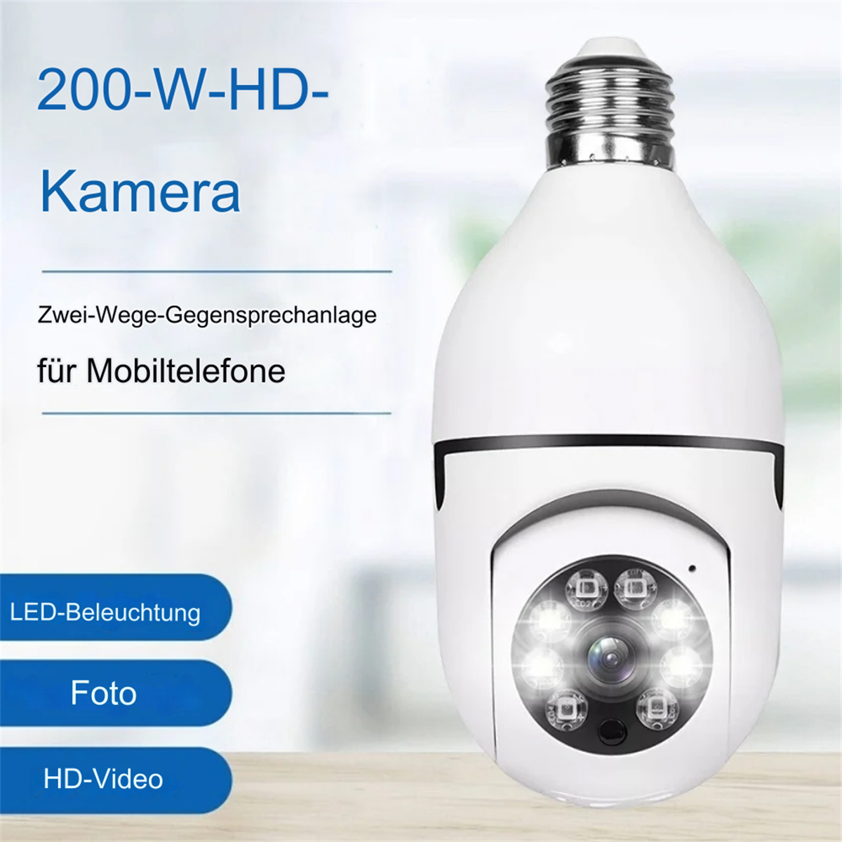 Eine weiße Glühlampenkamera mit Text über Funktionen, einschließlich HD-Video.