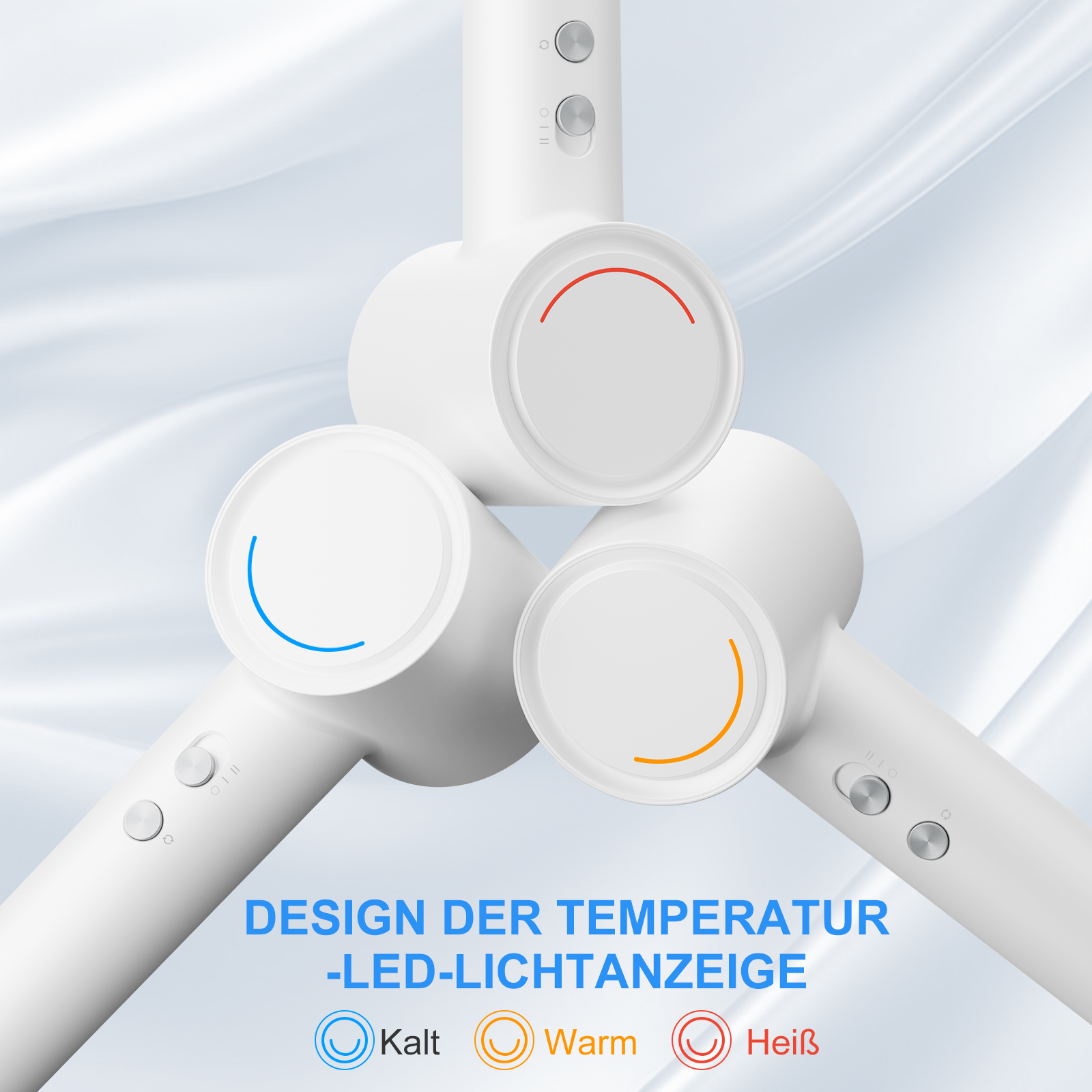 Ein weißer Ventilator mit drei kreisförmigen Lichtern. Die Lichter haben rote, orange und blaue Farben.