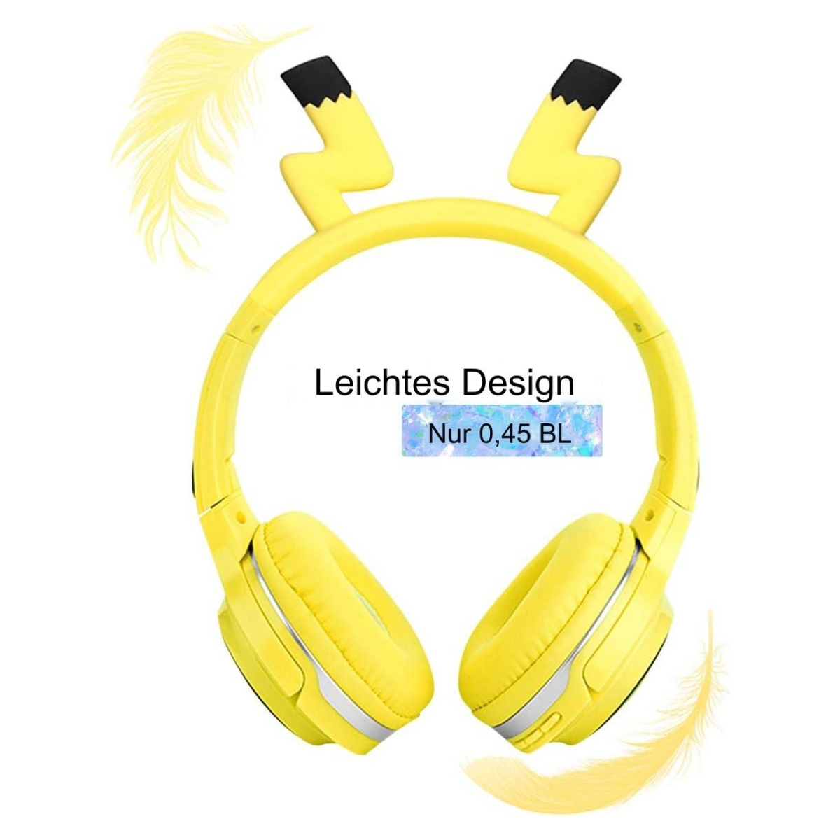 Gelbe Kopfhörer mit Pikachu-Ohren. Text-Overlay: Leichtes Design, 0,45 BL.