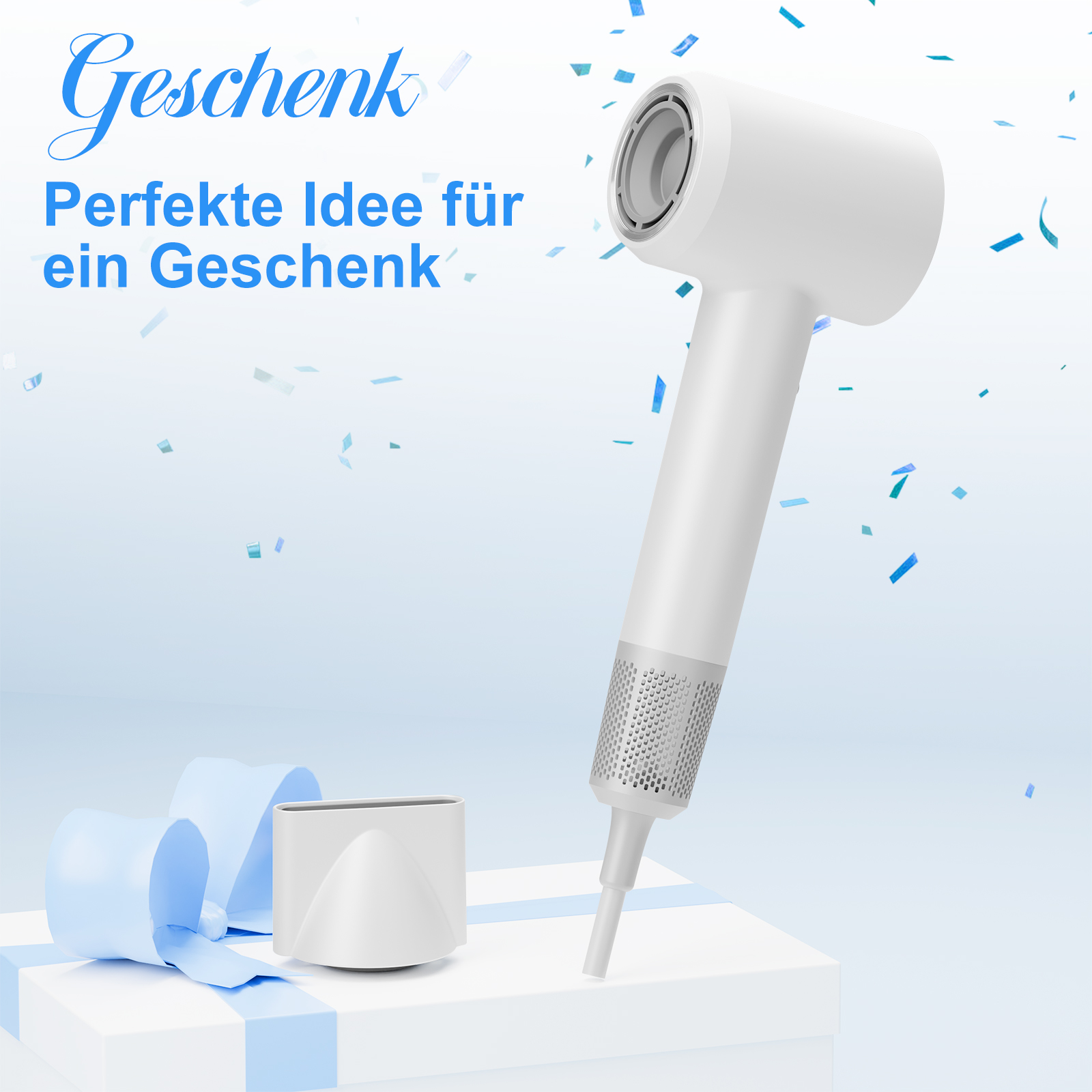 Weißer Fön mit Zubehör auf einer Geschenkbox mit blauem Band und Konfetti.