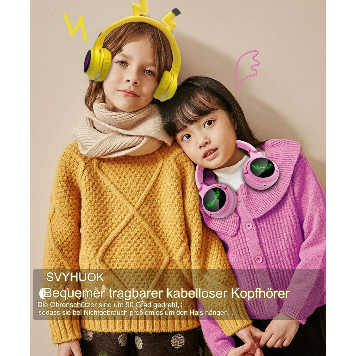 Zwei Kinder tragen gelbe und rosa Kopfhörer. Ein gelber Pullover und eine rosa Strickjacke.