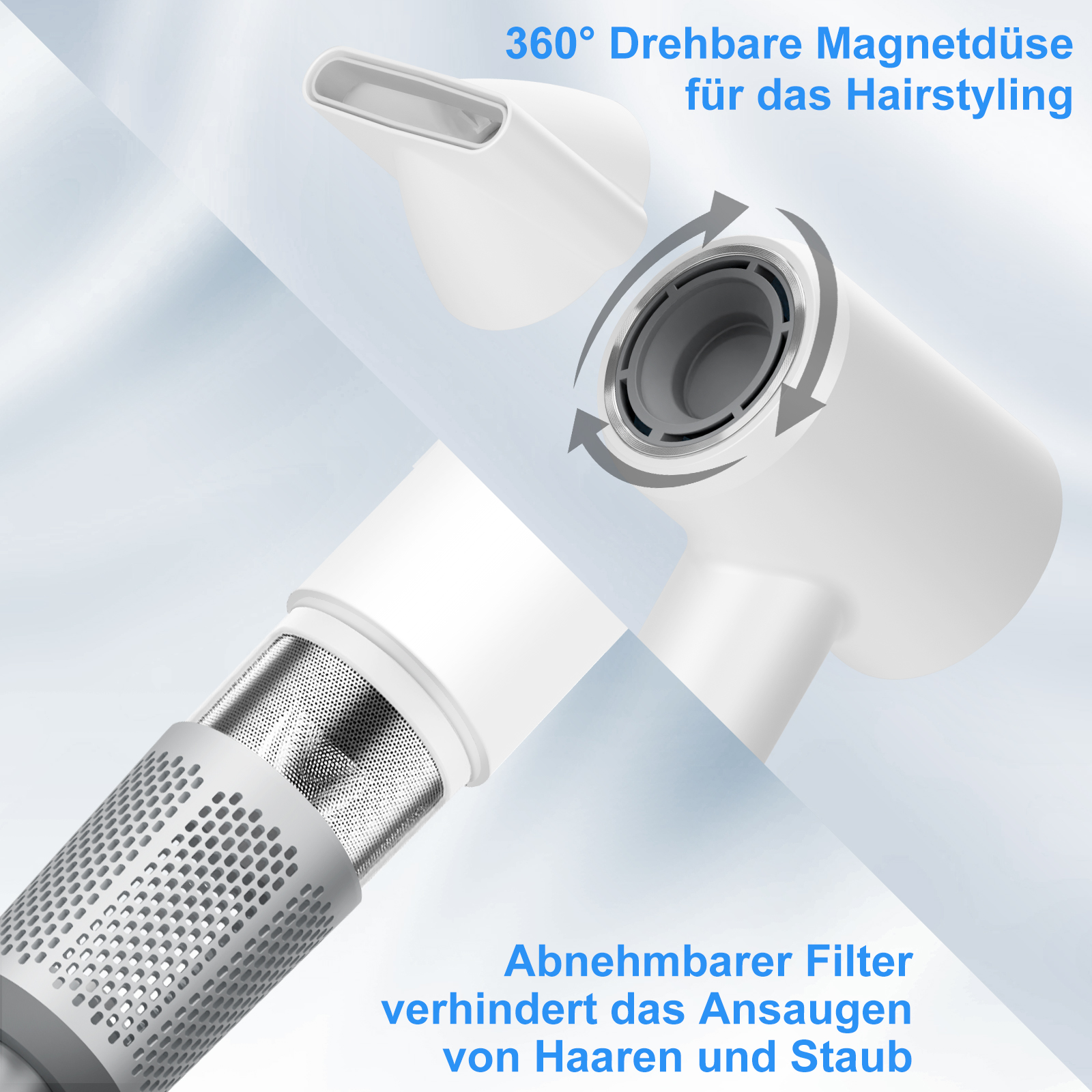 Weißer Fön mit abnehmbarem Filter und drehbarer Magnetdüse.