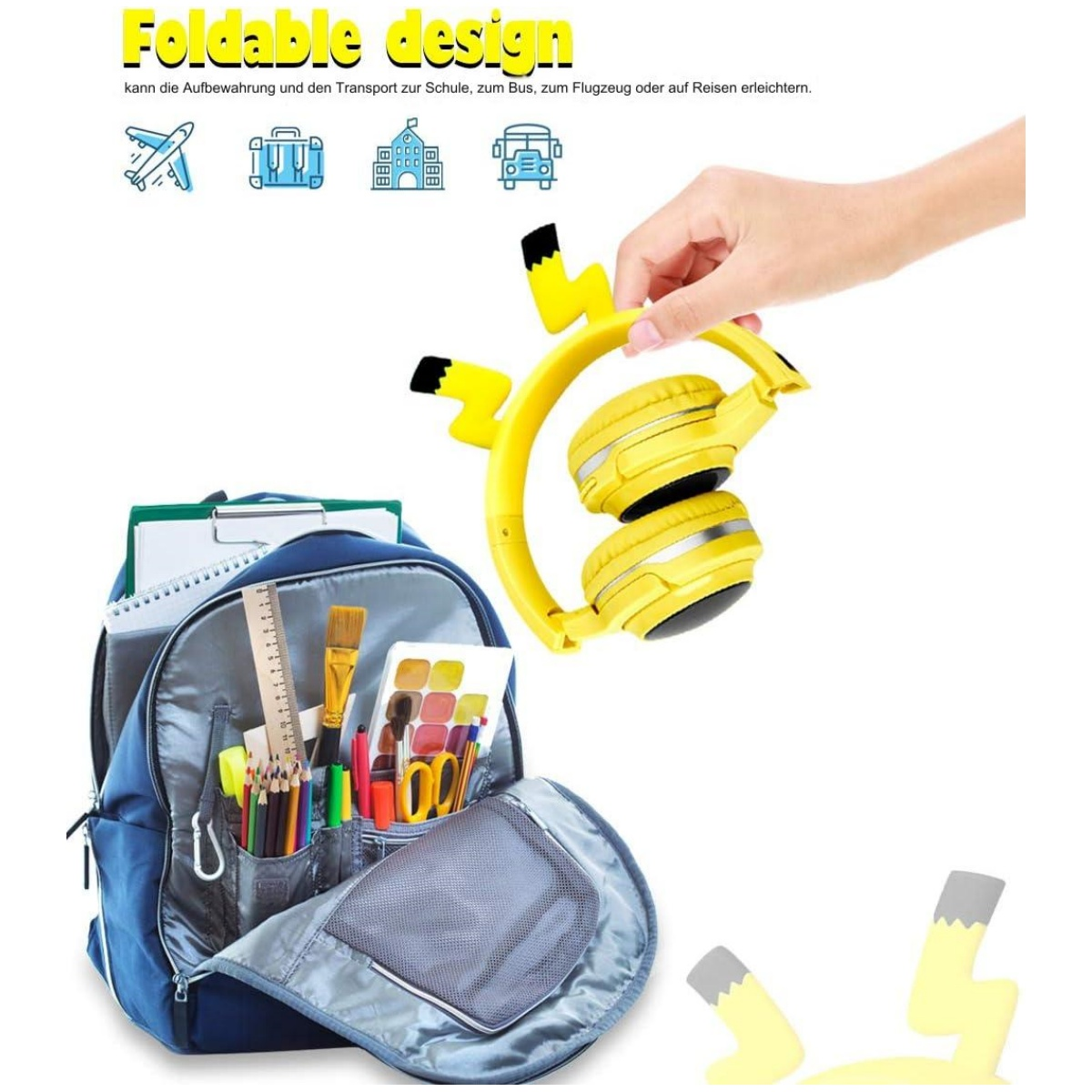 Gelbe, faltbare Kopfhörer und ein Rucksack mit Schulmaterial. Hand hält die Kopfhörer.