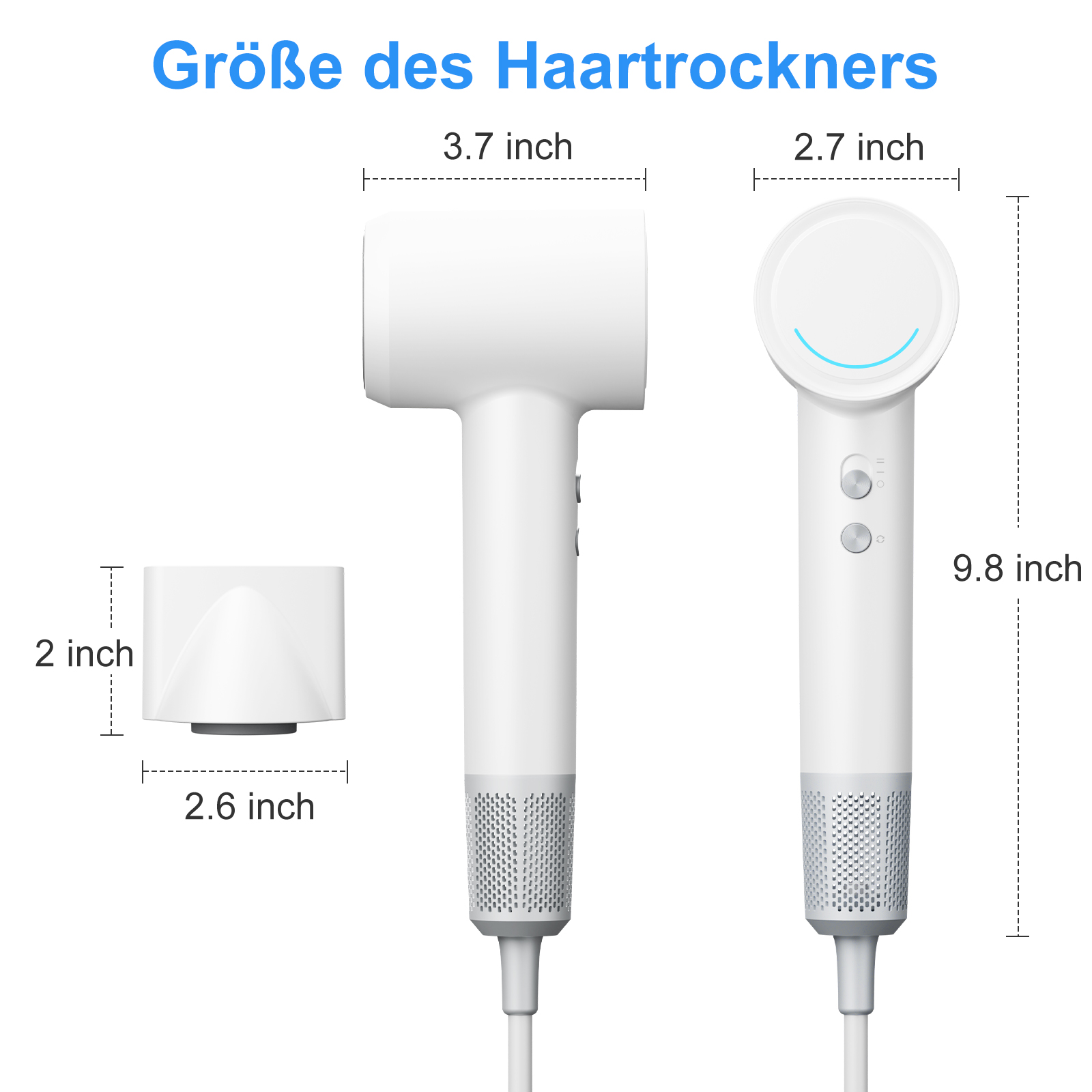 Drei Bilder zeigen einen weißen Haartrockner und seine Abmessungen, mit Maßen in Zoll.