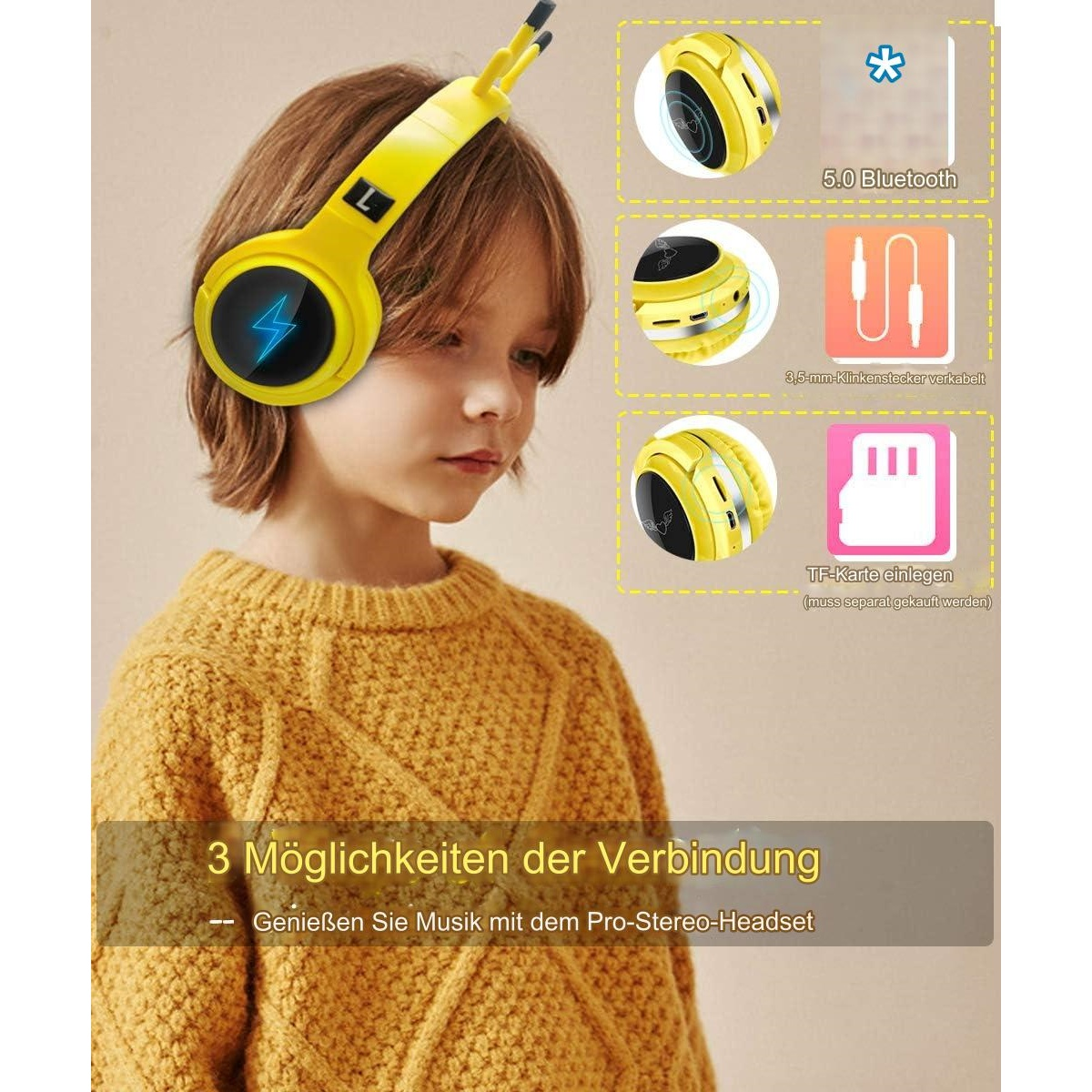 Kind mit gelben Kopfhörern mit Blitz, daneben Info-Icons.