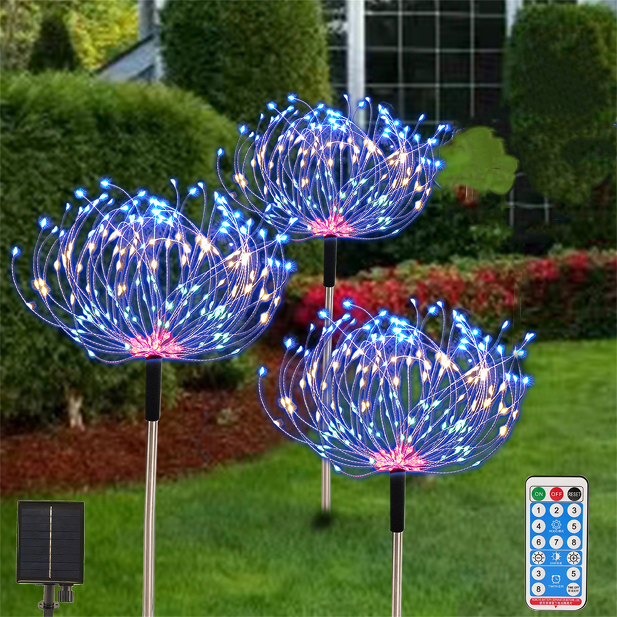 Drei dekorative Außenleuchten in Form von Blumen mit blauen und weißen LED-Leuchten.