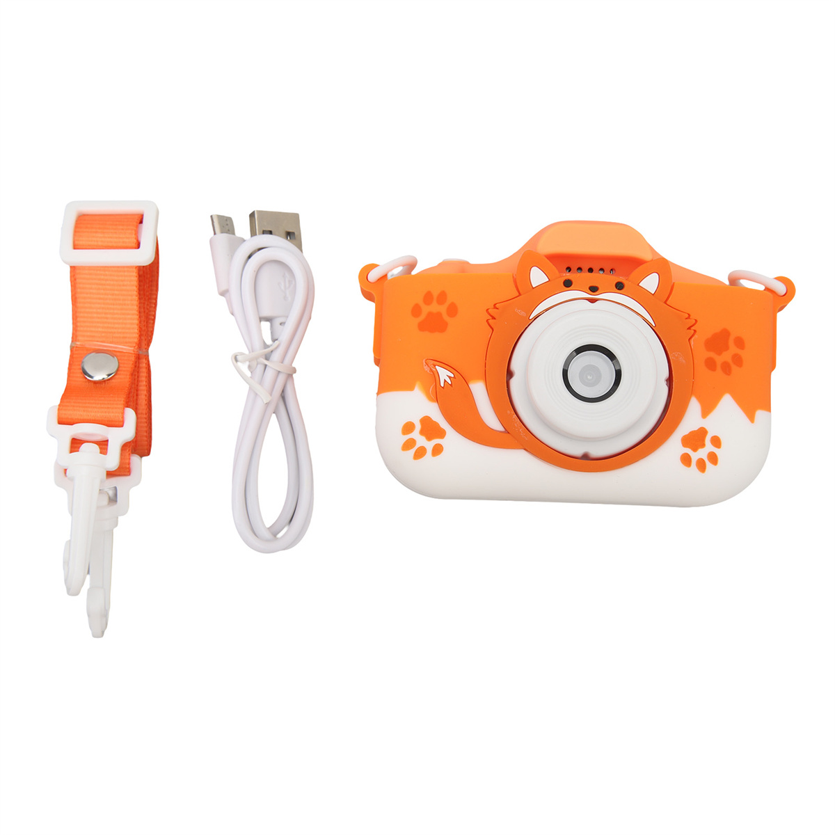 Orange Kamera in Fuchform mit Gurt und Ladekabel auf weißem Hintergrund.