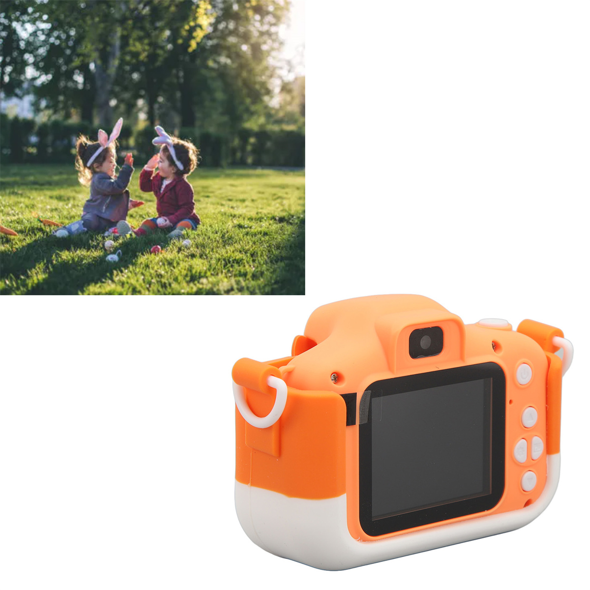 Orange Kinderkamera mit grünem Feld im Hintergrund. Zwei Kinder mit Hasenohren.