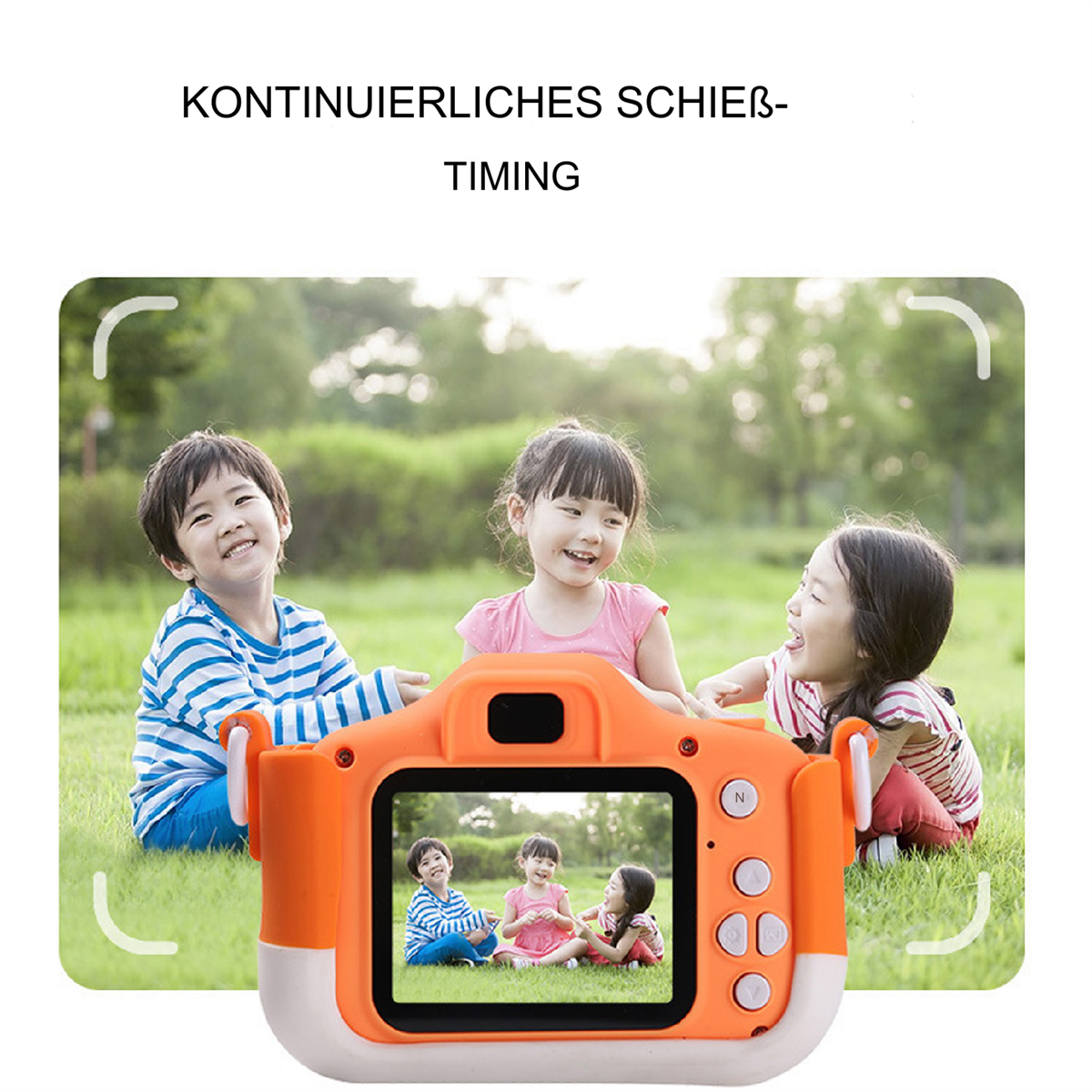 Kinder machen ein Foto mit einer Kamera. Kamera zeigt das Bild, das sie aufnehmen.