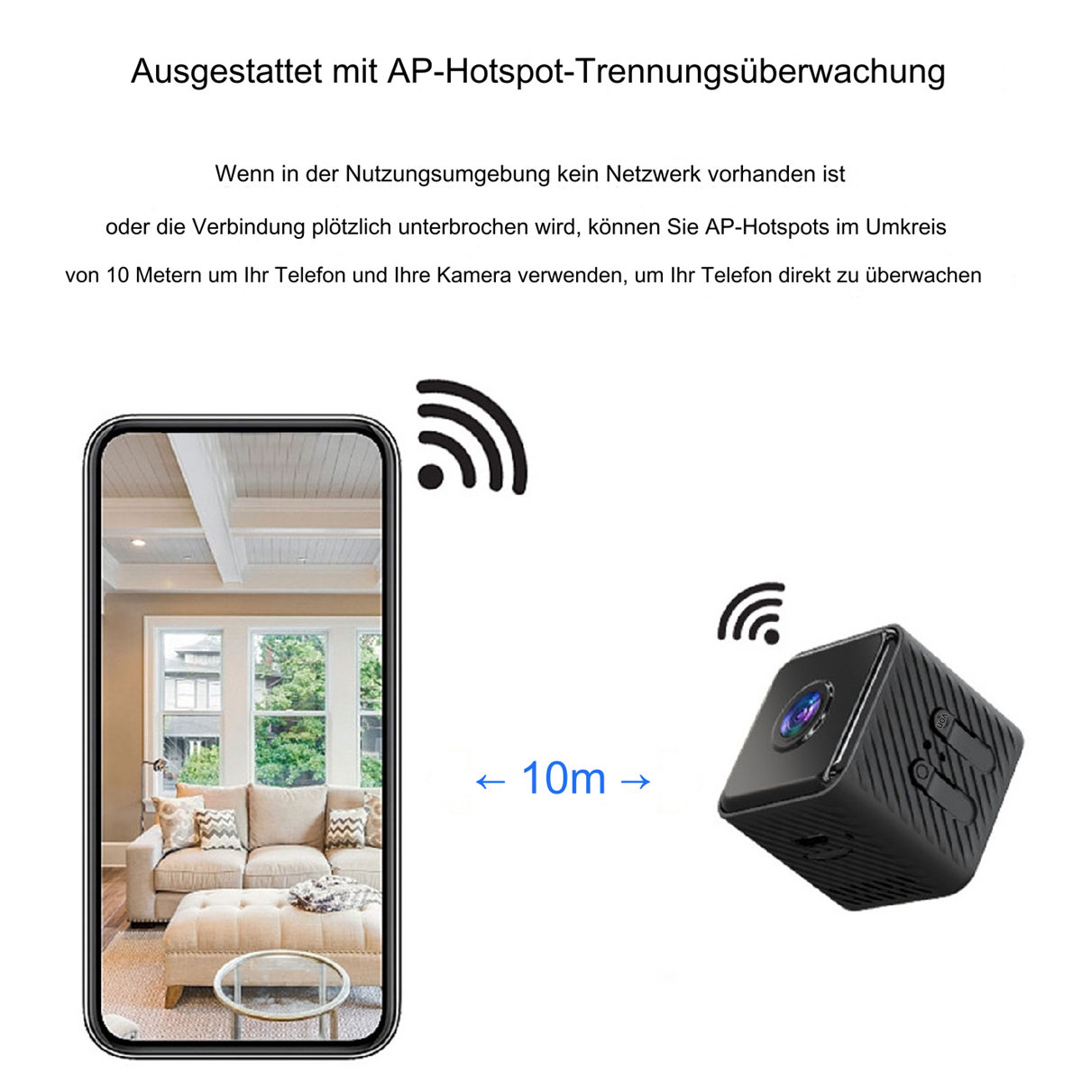 Smartphone, der eine Ansicht aus einem Raum zeigt. Eine kleine schwarze Kamera und ein WLAN-Signal sind ebenfalls vorhanden.