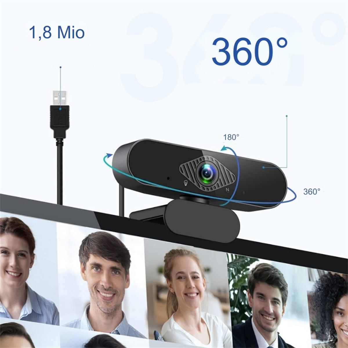 Schwarze Webcam mit USB-Kabel. Bilder von Personen auf einem Bildschirm im Hintergrund.