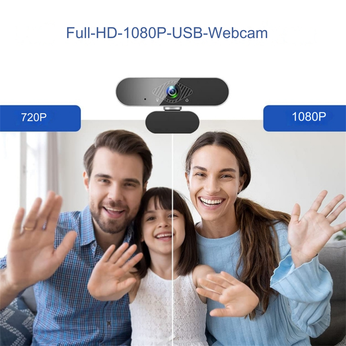 Zwei Personen winken in die Kamera, mit einem 720p- und 1080p-Vergleich im Hintergrund.