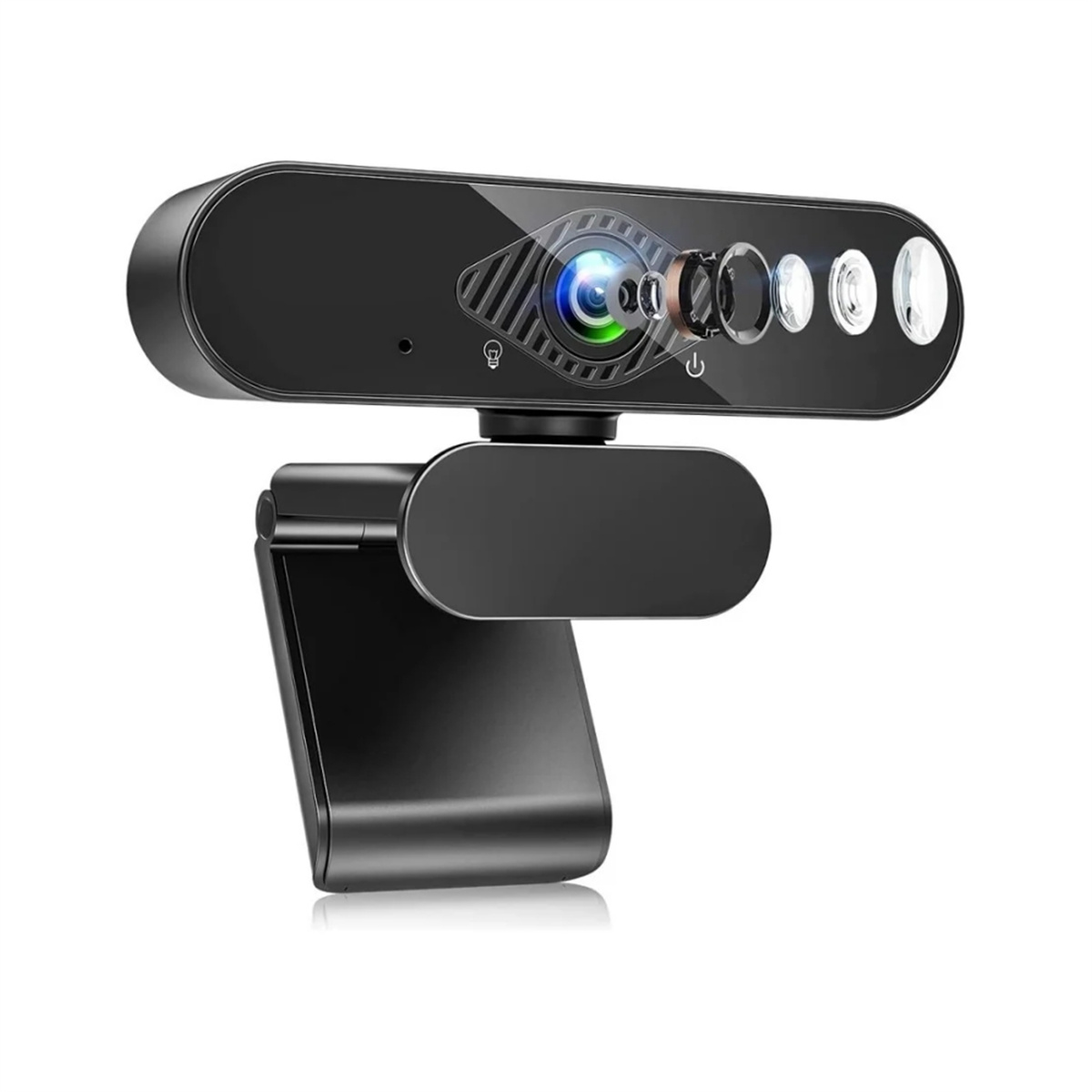 Schwarze Webcam mit Objektiv und Ständer. Es hat Lichter und Knöpfe. Weißer Hintergrund.