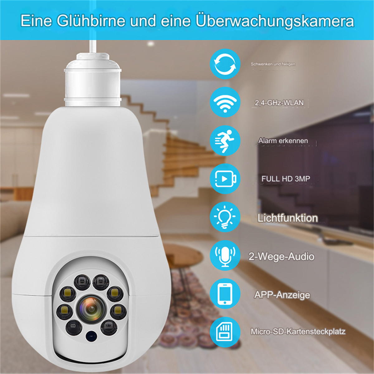 Weißes Glühbirnen-förmiges Kamera. Merkmale sind 2-Wege-Audio, Full HD und Micro-SD-Steckplatz.