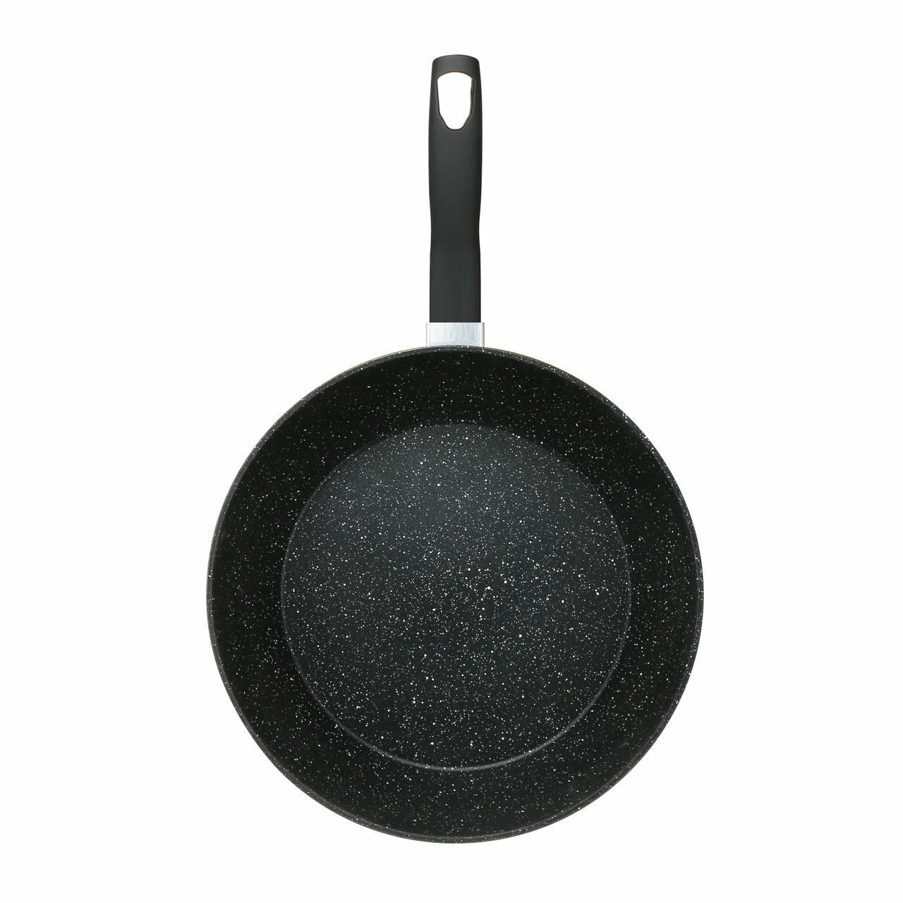Schwarze Bratpfanne mit gesprenkeltem Innenraum und schwarzem Griff, Draufsicht.
