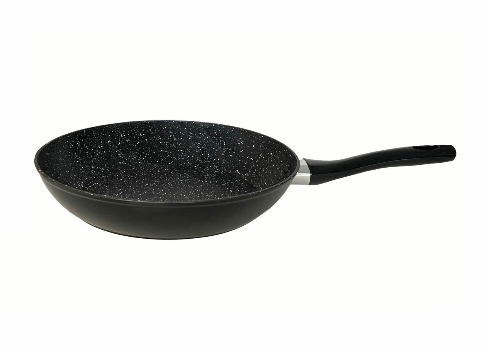 Eine schwarze Antihaft-Wokpfanne mit Griff, perfekt zum Kochen und Braten.