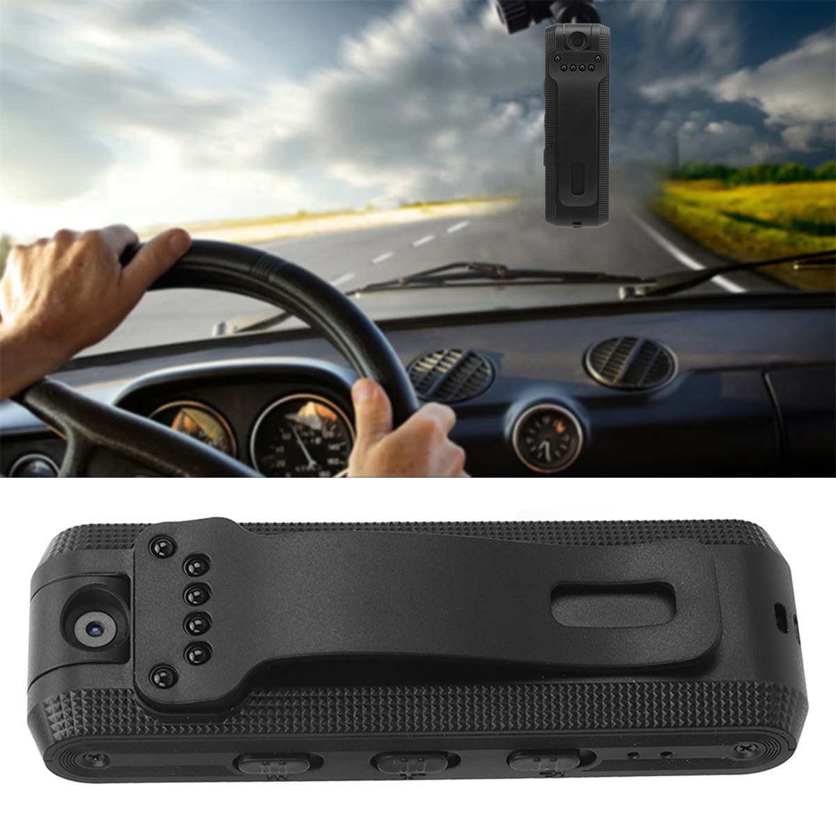 Eine Dashcam an der Windschutzscheibe eines Autos montiert, mit Straße und Himmel im Hintergrund.