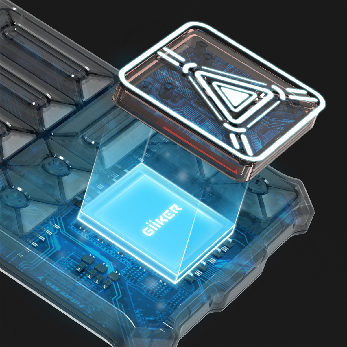 Technikbild mit leuchtender Platine, Wort „Giiker“ und oberem Element mit dreieckigem Design.