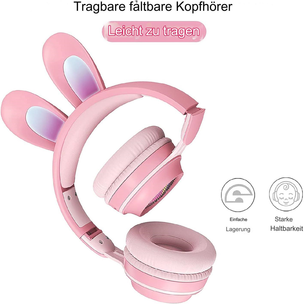 Rosa Bunny-Ohr-Kopfhörer, faltbar, mit weißem Hintergrund und Symbolen.