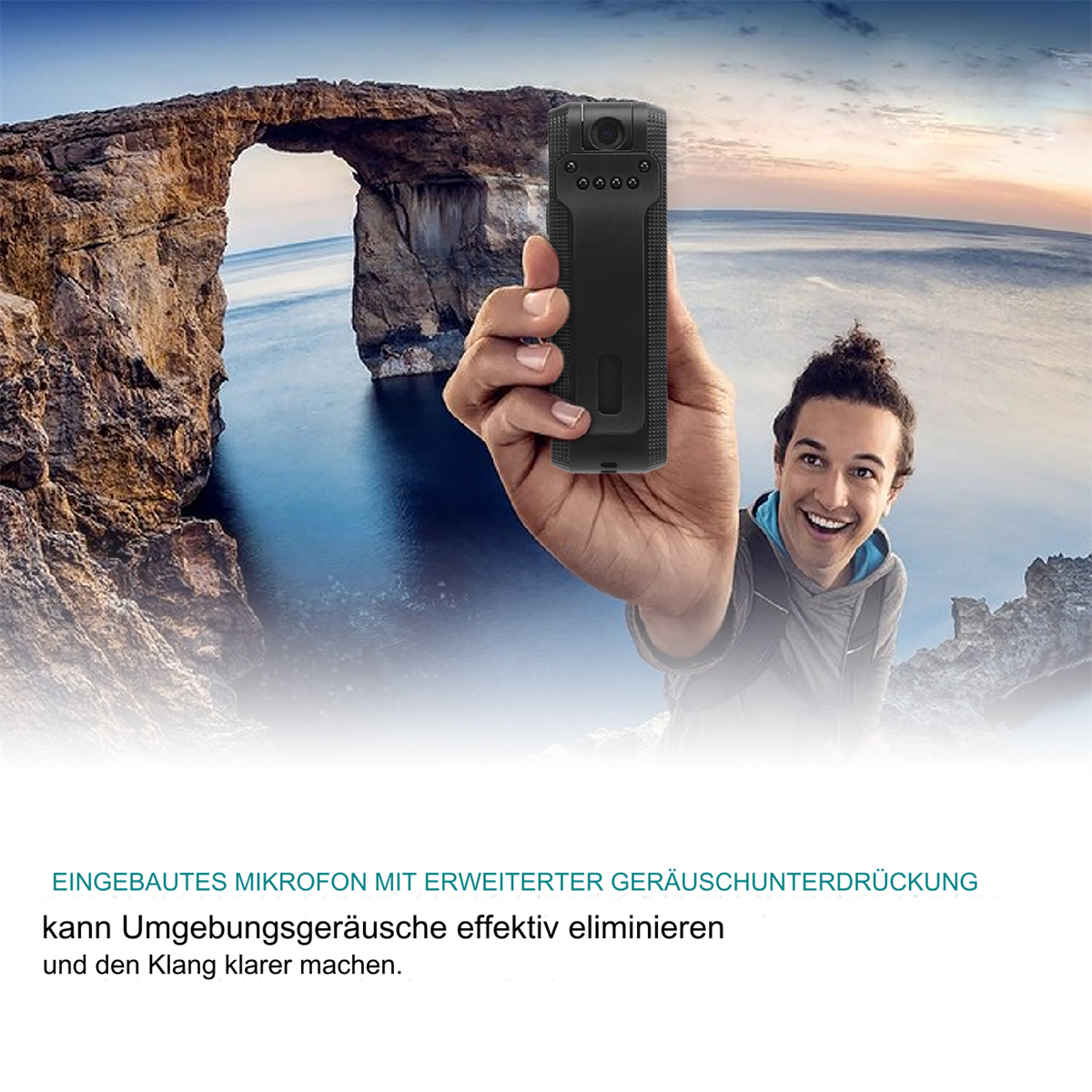 Mann hält eine schwarze Kamera mit malerischem Hintergrund. Text über Rauschunterdrückung unten.