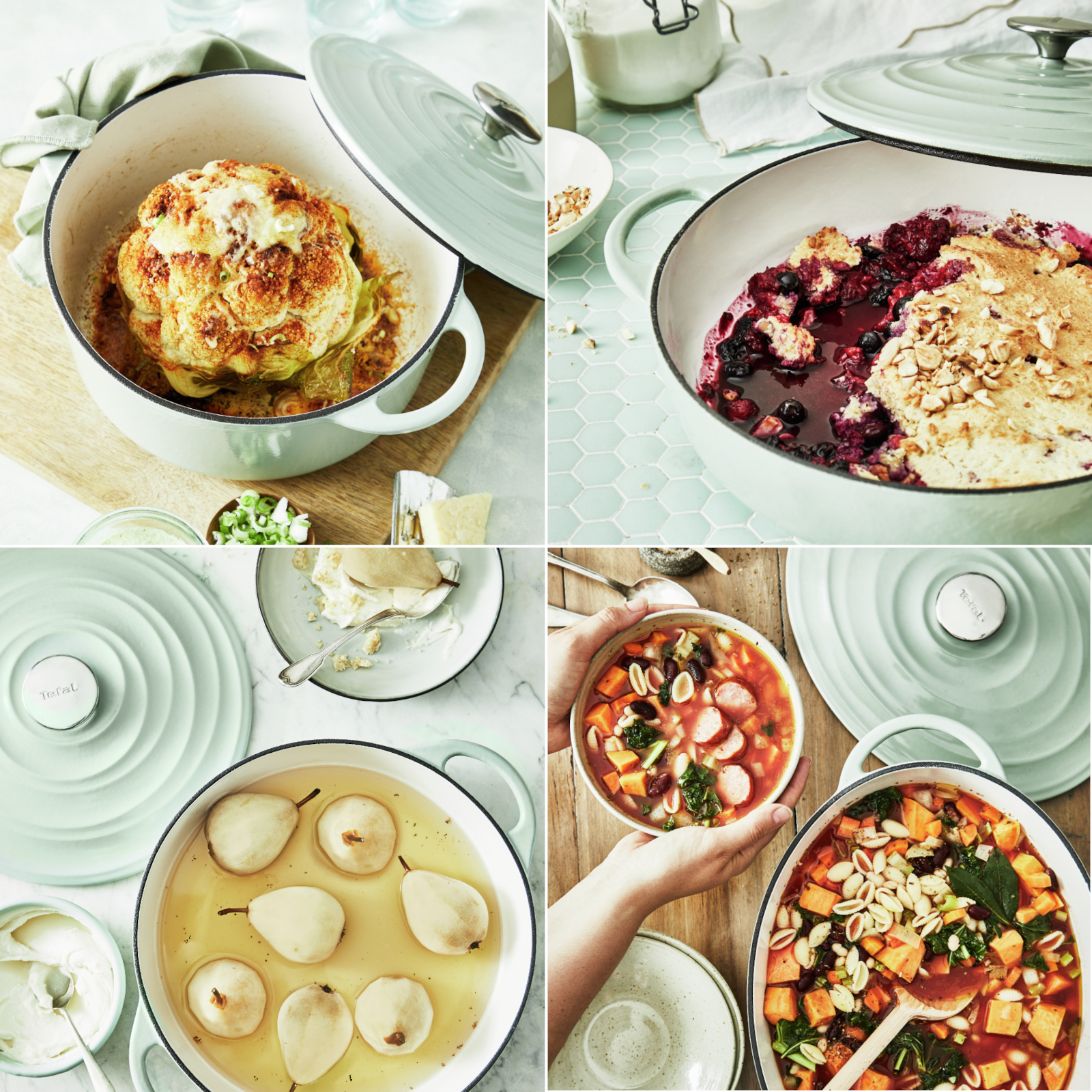 Cuatro escenas de cocina con una olla verde azulado y varios alimentos.