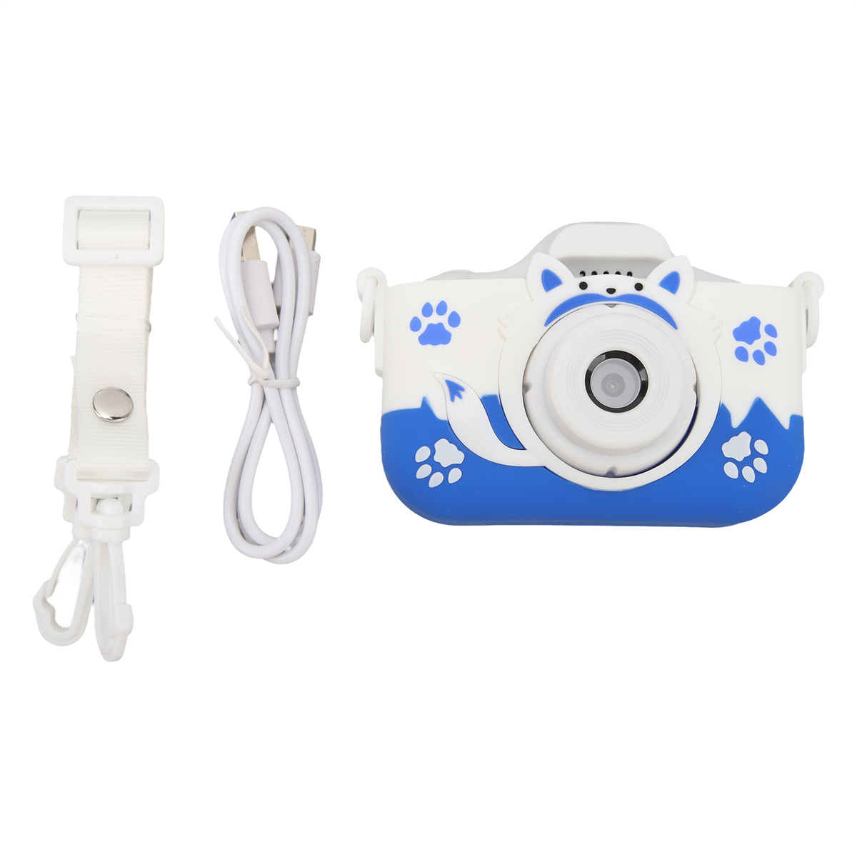 Eine weiß-blaue Spielzeugkamera mit Riemen und USB-Kabel auf weißem Hintergrund.