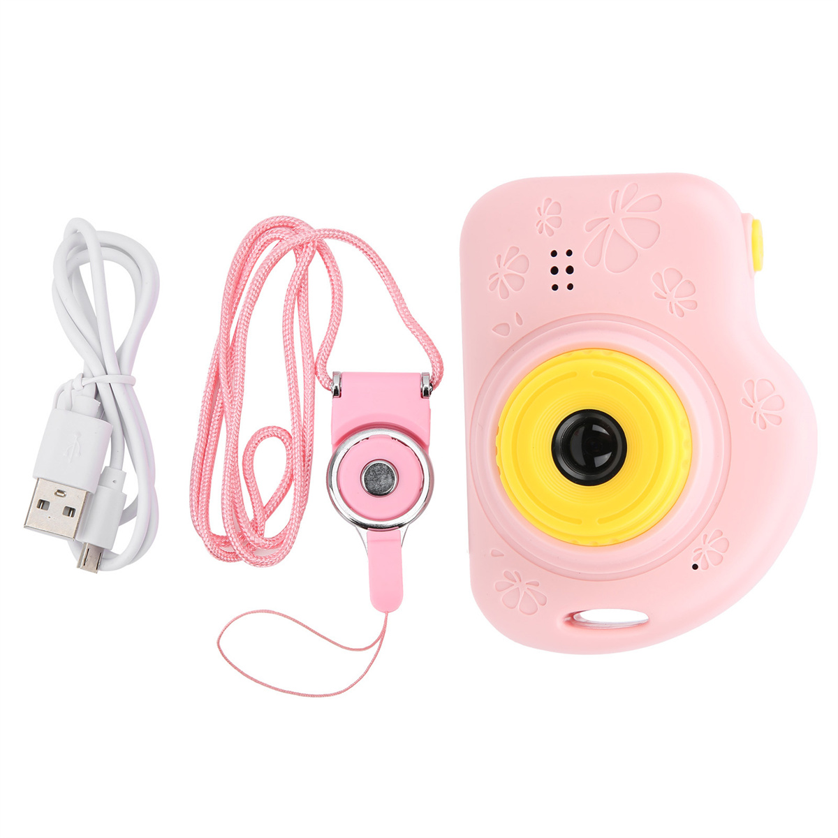 Rosa Kinderkamera mit Riemen und USB-Kabel, mit gelber Linse.
