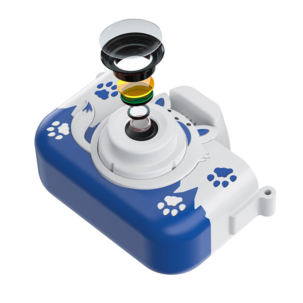 Zerlegte Spielzeugkamera, die Linse und interne Komponenten zeigt. Blaues und weißes Gehäuse.