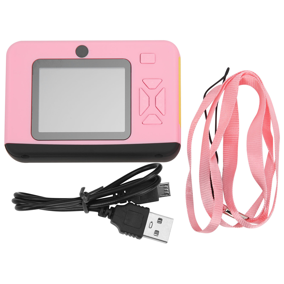 Eine rosa Kamera mit Bildschirm, Knöpfen und USB-Kabel. Daneben ein rosa Schlüsselband.