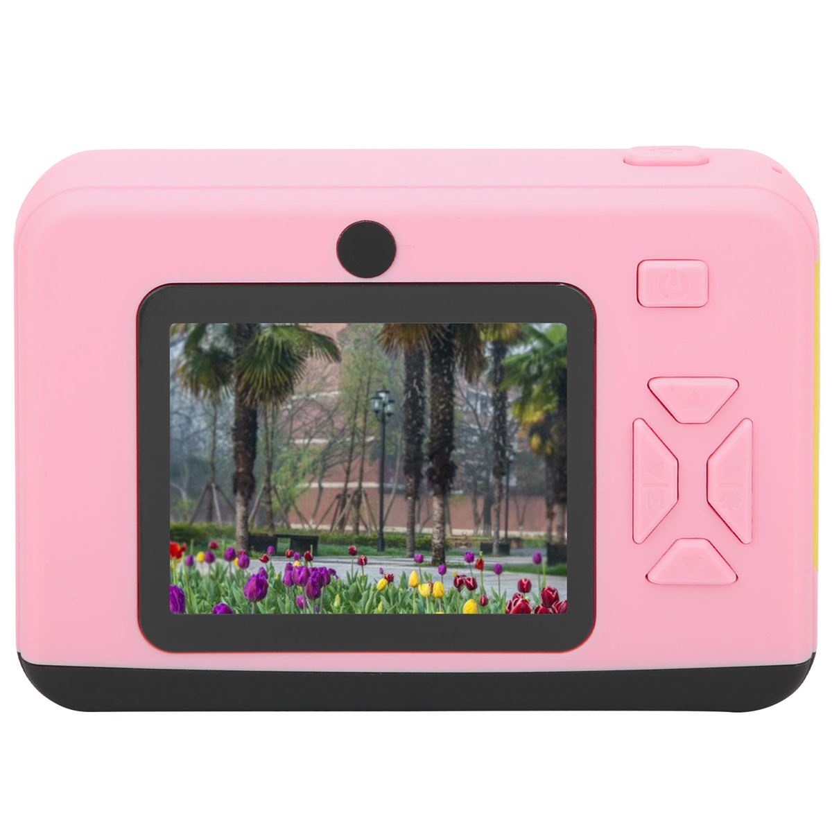 Rosa Digitalkamera mit Bildschirm, der eine Parkszene anzeigt. Knöpfe an der Seite.