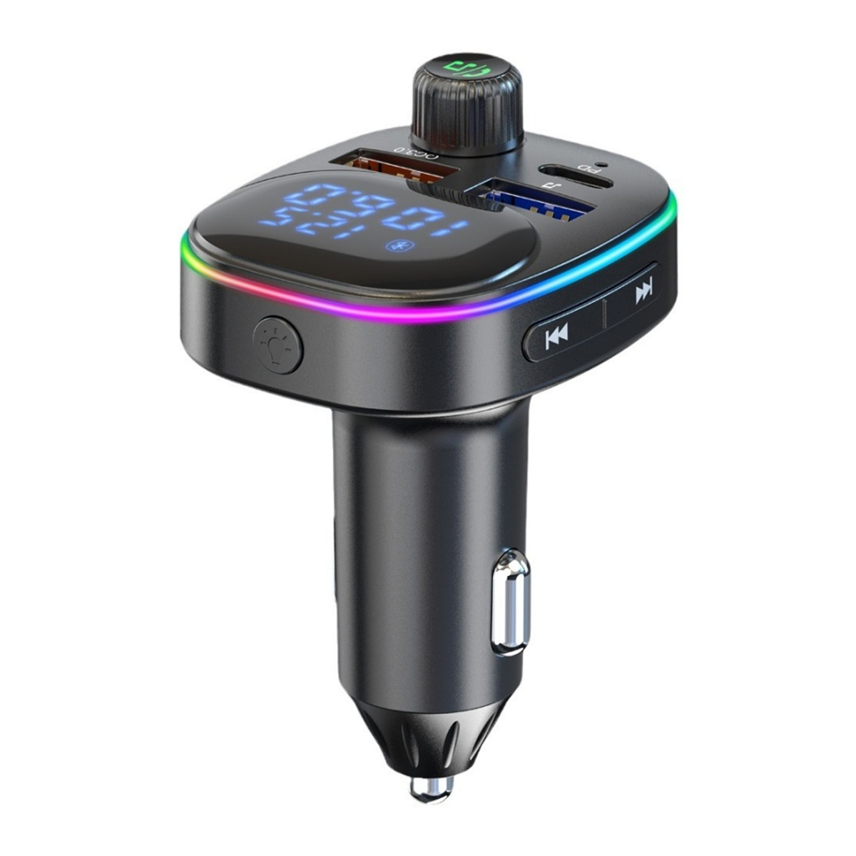 Schwarzer FM-Transmitter für Autos mit Digitalanzeige und Knöpfen. Er ist an den Zigarettenanzünder angeschlossen.