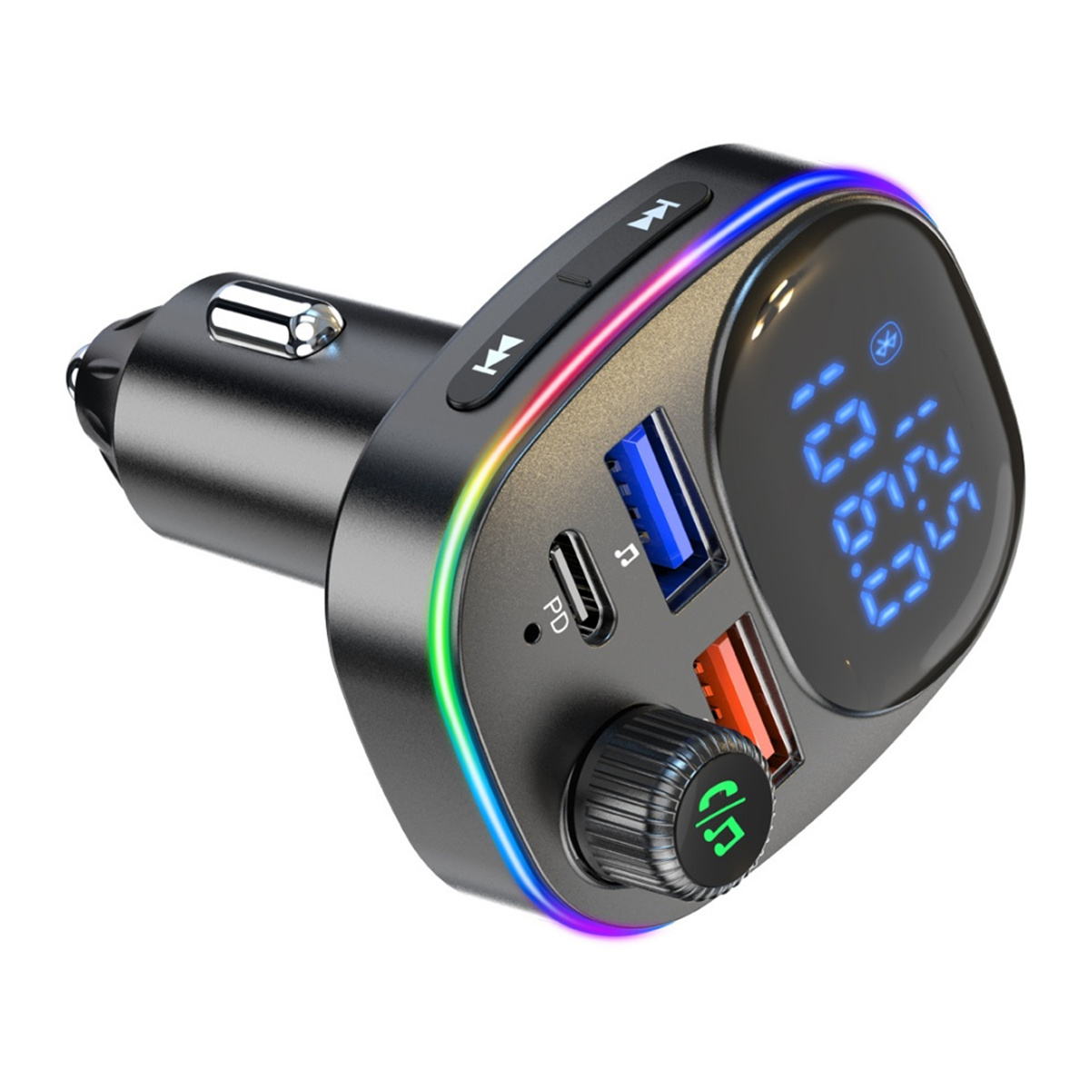 Ein Autoladegerät mit mehreren USB-Anschlüssen, einem Display und Tasten zur Musiksteuerung.