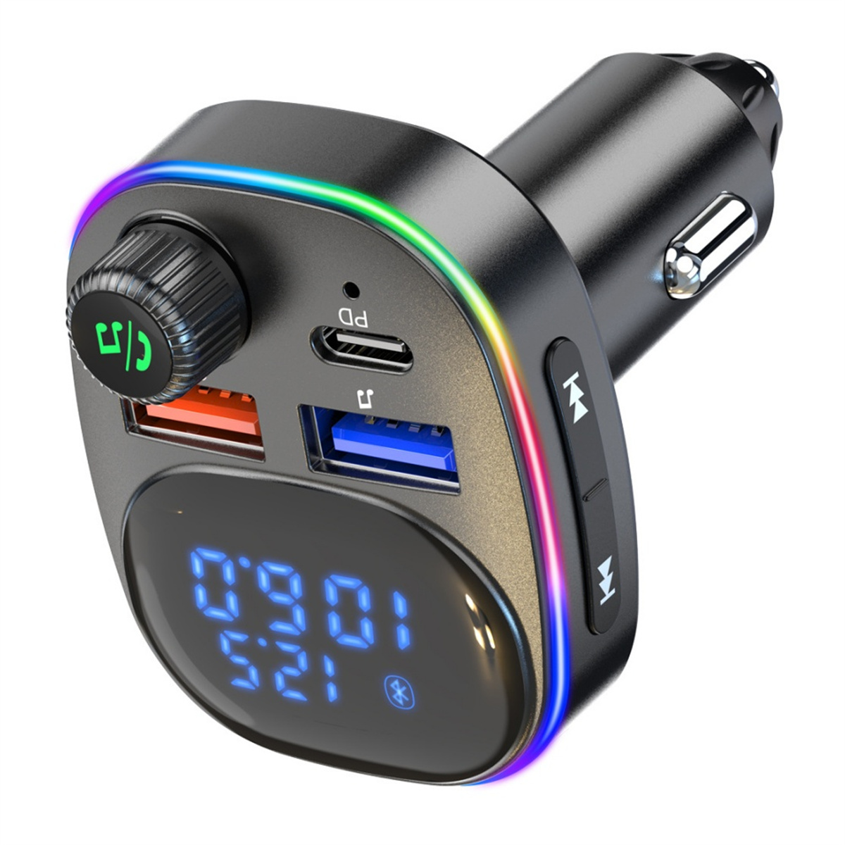 Schwarzes Autoladegerät mit USB-Anschlüssen und Display. Mit farbwechselnden LED-Lichtern.