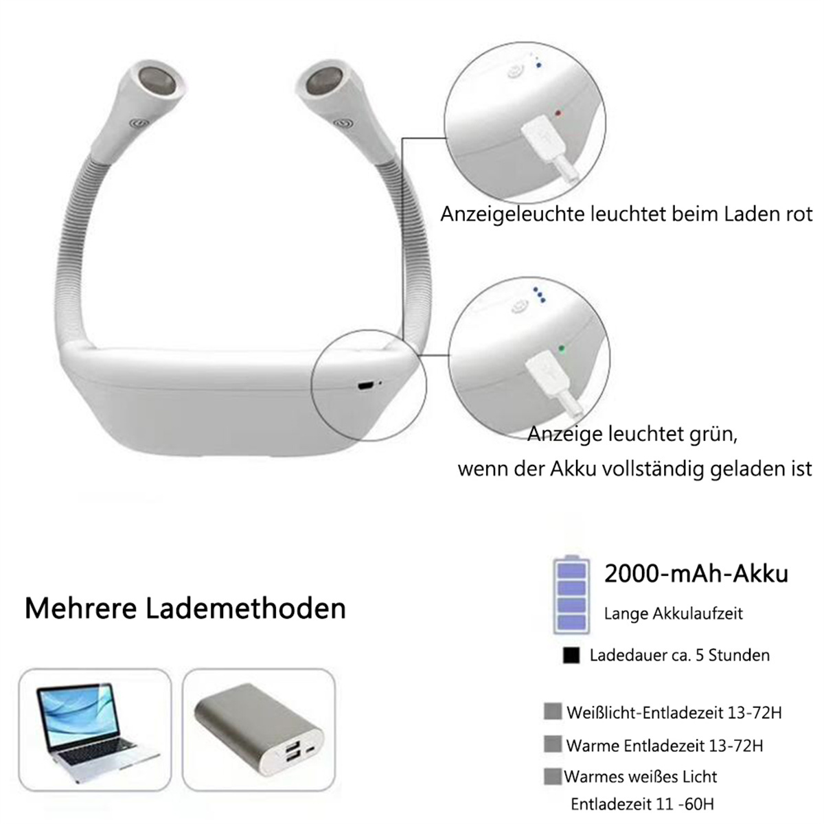 Weißes Nackenlicht mit zwei flexiblen Armen und Informationen zum Akku.