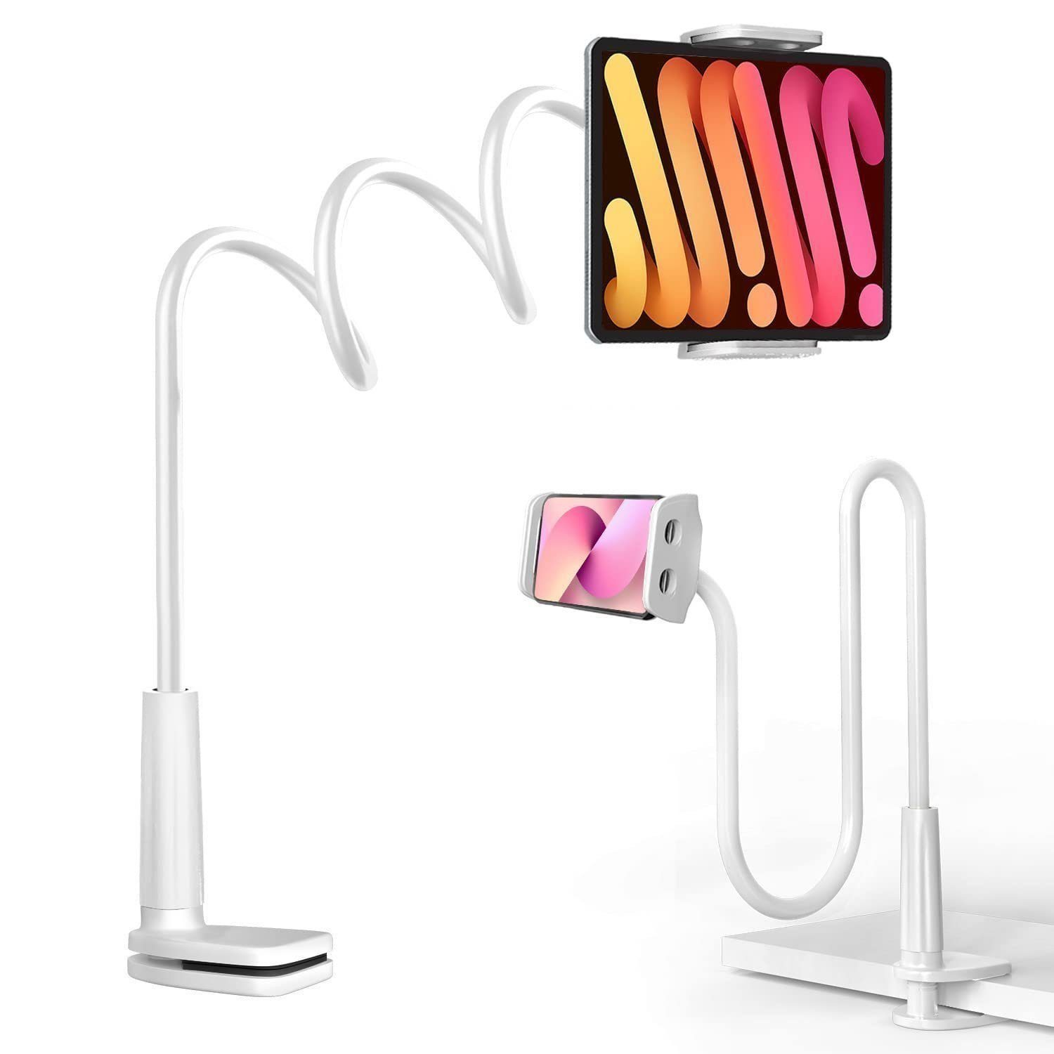 Zwei Tablethalter, einer mit Tablet, einer mit Telefon. Beide weiß, auf weißem Untergrund.