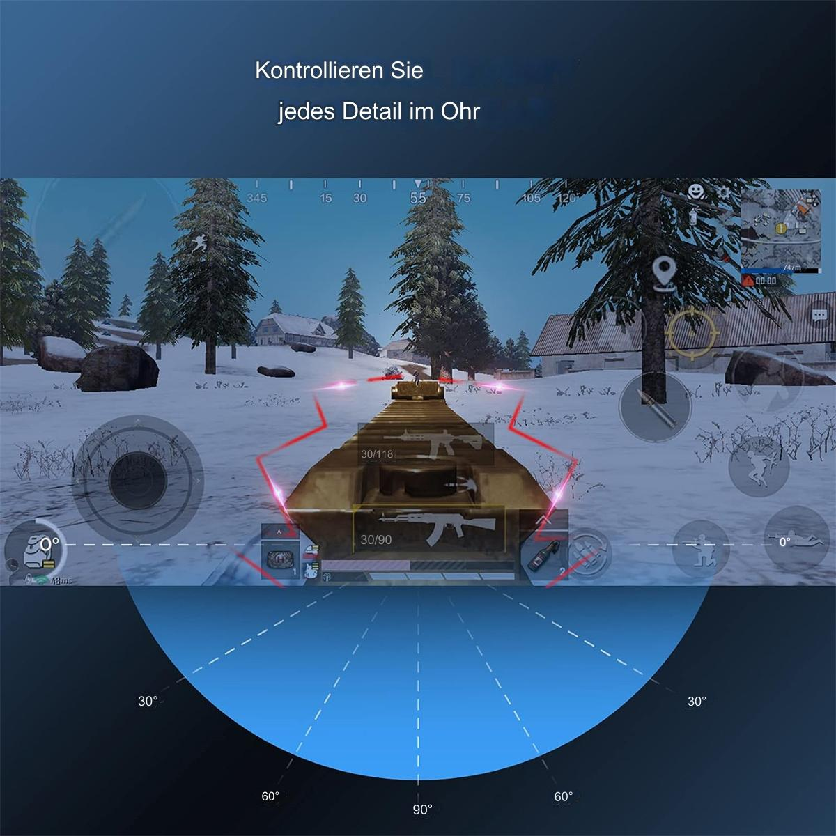 Eine Ego-Perspektive eines Panzers in einer verschneiten Landschaft, mit Spieloberlayern. Enthält eine Spielkontrollansicht.