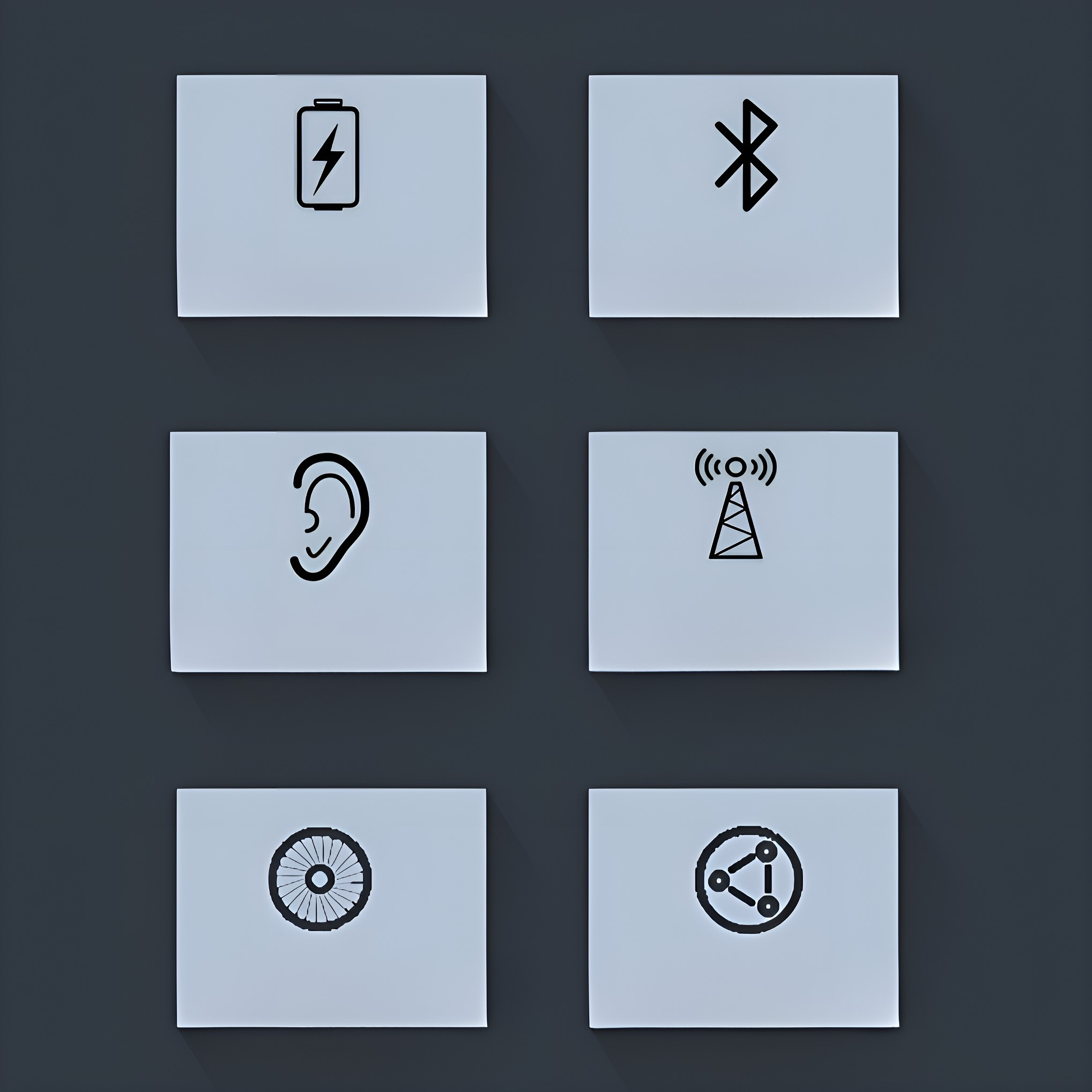 Sechs weiße Karten mit schwarzen Symbolen: Batterie, Bluetooth, Ohr, Antenne, Rad und Netzwerk.