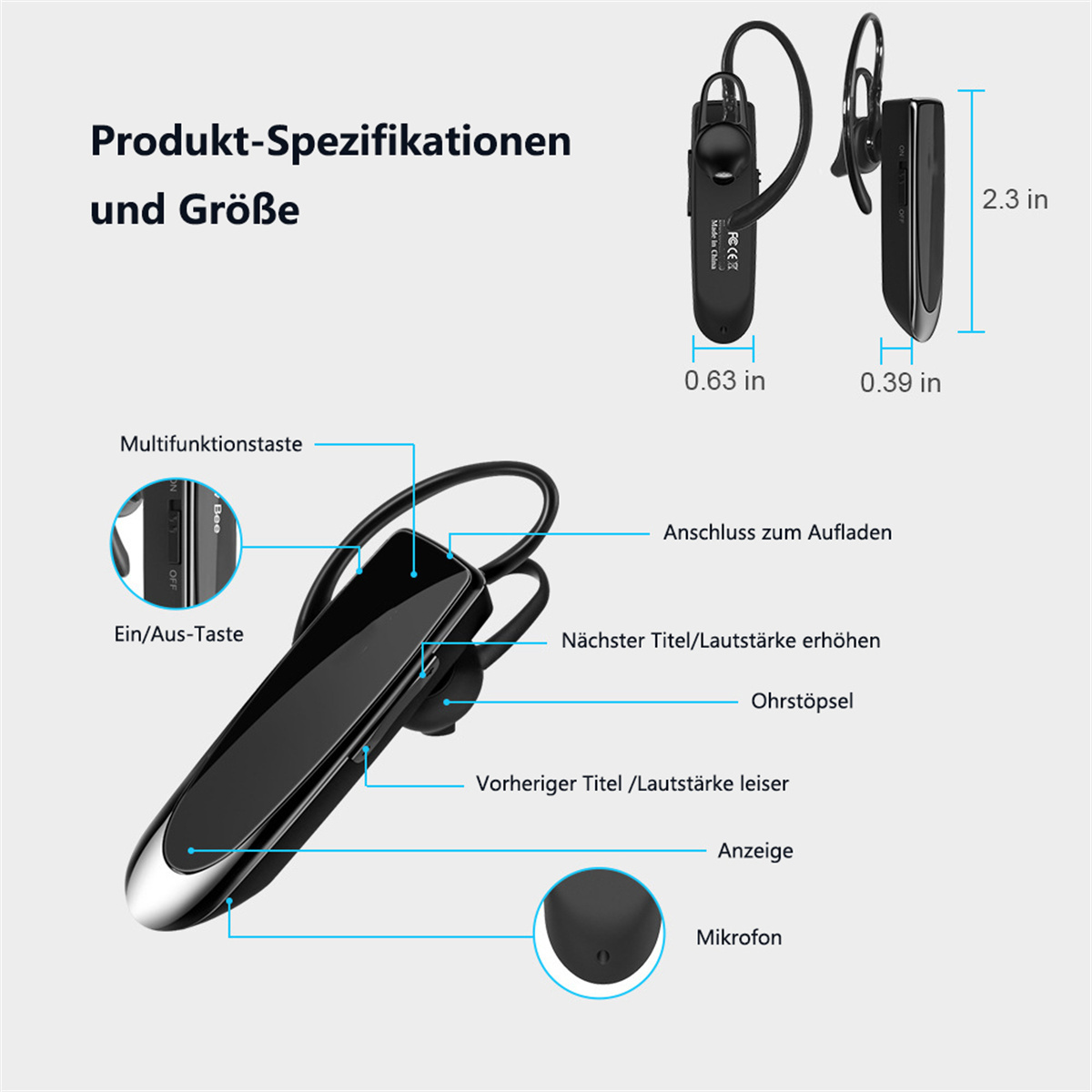 Diagramm mit schwarzem Headset, das Teile, Knöpfe und Abmessungen mit Text zeigt.
