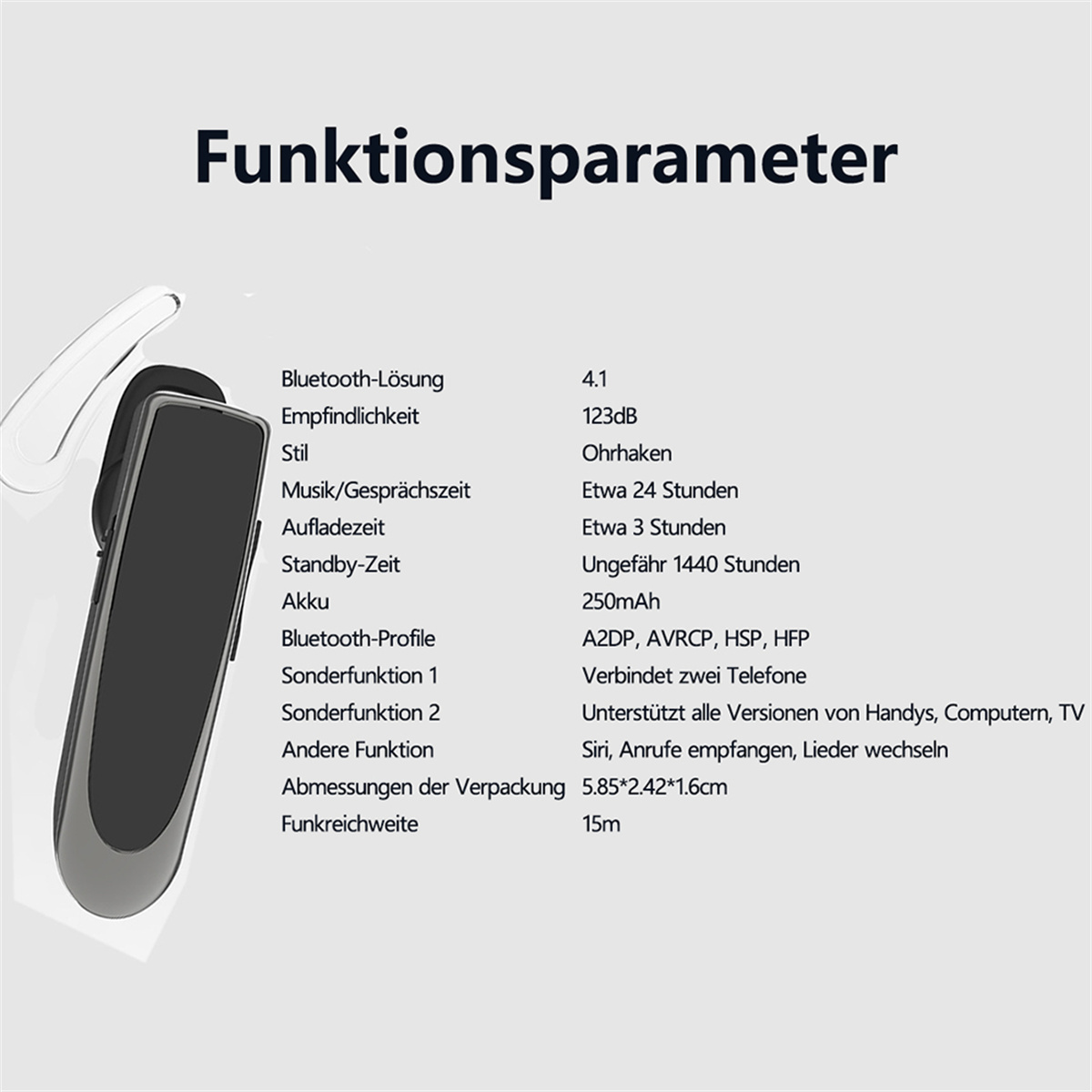 Diagramm eines kabellosen Ohrhörers mit technischen Daten. Zeigt Bluetooth-Version, Empfindlichkeit und Akkulaufzeitdetails.