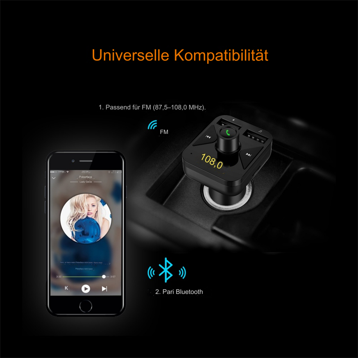 Schwarzer Auto-Bluetooth-Adapter mit Telefon und Musik, Auto-Innenraum.