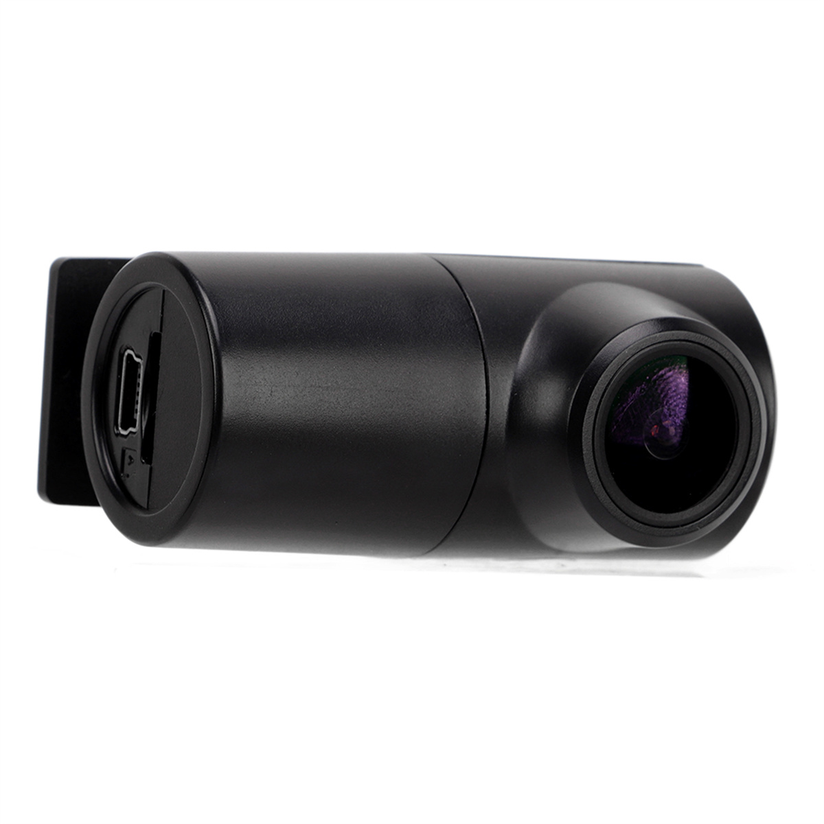 Schwarze Dashcam mit Linse und USB-Anschluss an der Seite.