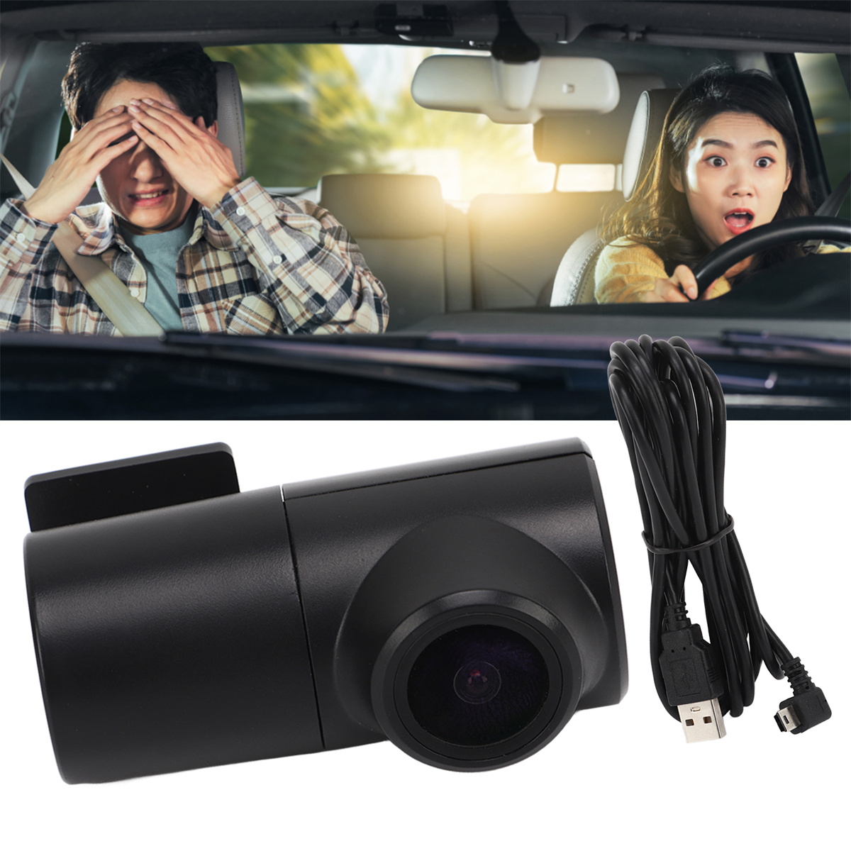 Auto-Dashcam und USB-Kabel. Fahrer bedeckt die Augen, Beifahrer schockiert. Weißer Hintergrund.
