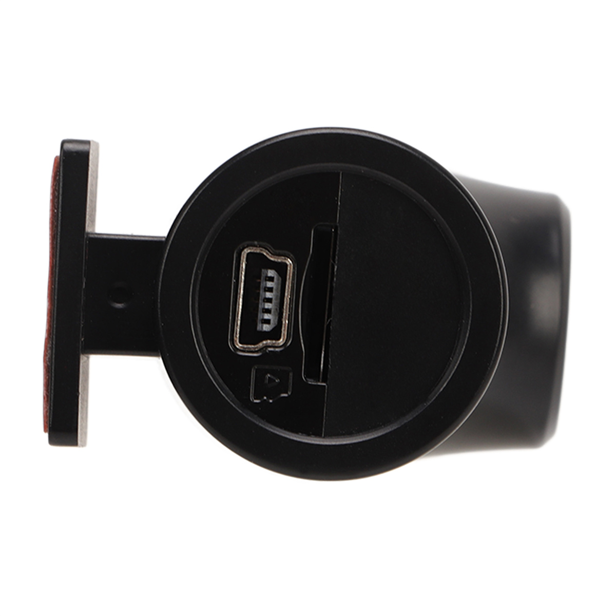 Nahaufnahme einer schwarzen Dashcam mit USB-Anschluss und Micro-SD-Kartensteckplatz.