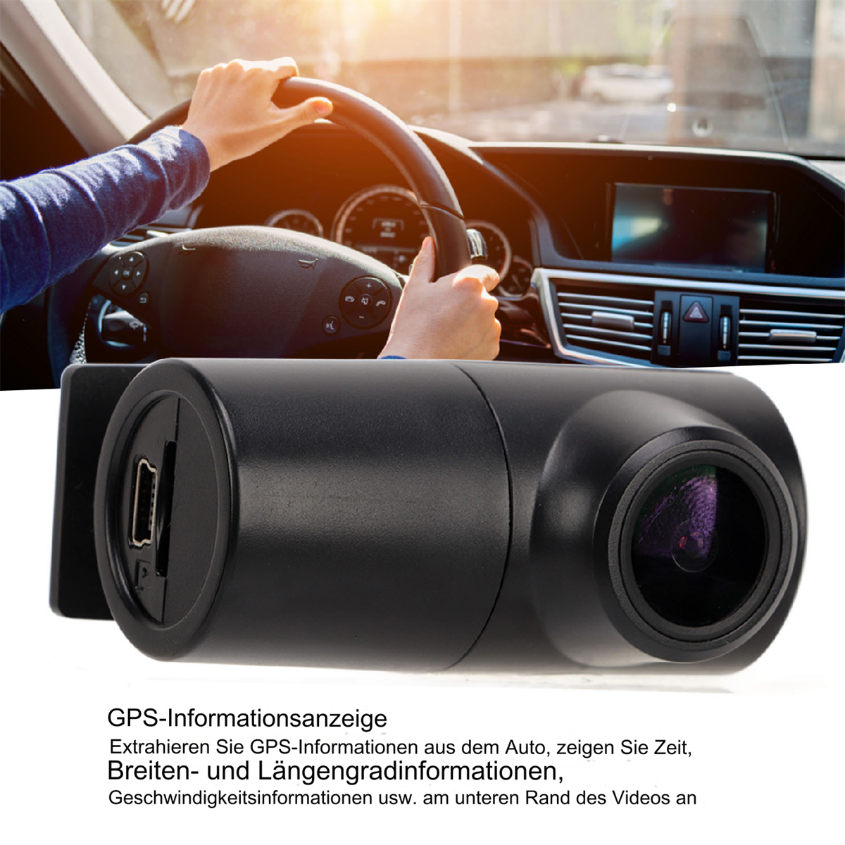 Autointerieur mit Händen am Lenkrad und einer schwarzen Armaturenbrettkamera im Vordergrund.