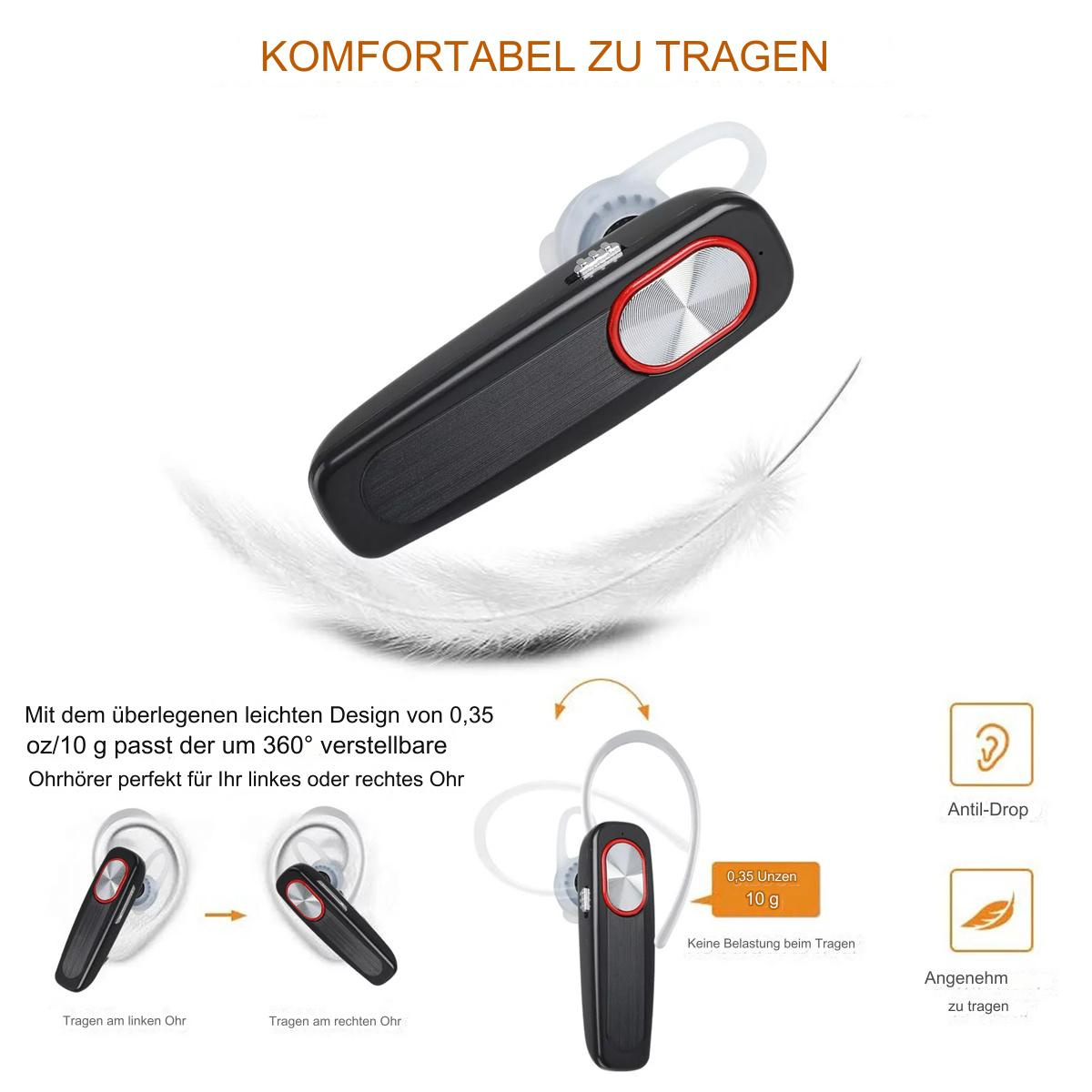 Schwarzes, gebogenes Bluetooth-Headset mit rotem Akzent, weißem Ohrbügel und Feder.
