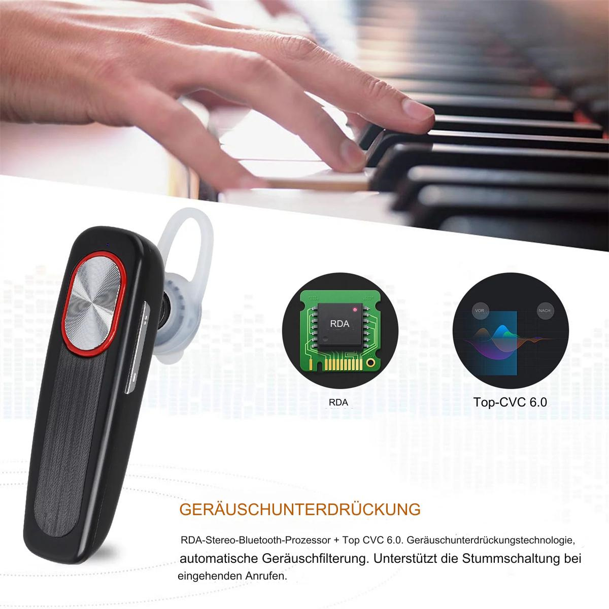 Schwarzes und rotes Bluetooth-Headset mit Hand auf einem Klavier. RDA- und Top-CVC 6.0-Diagramme.
