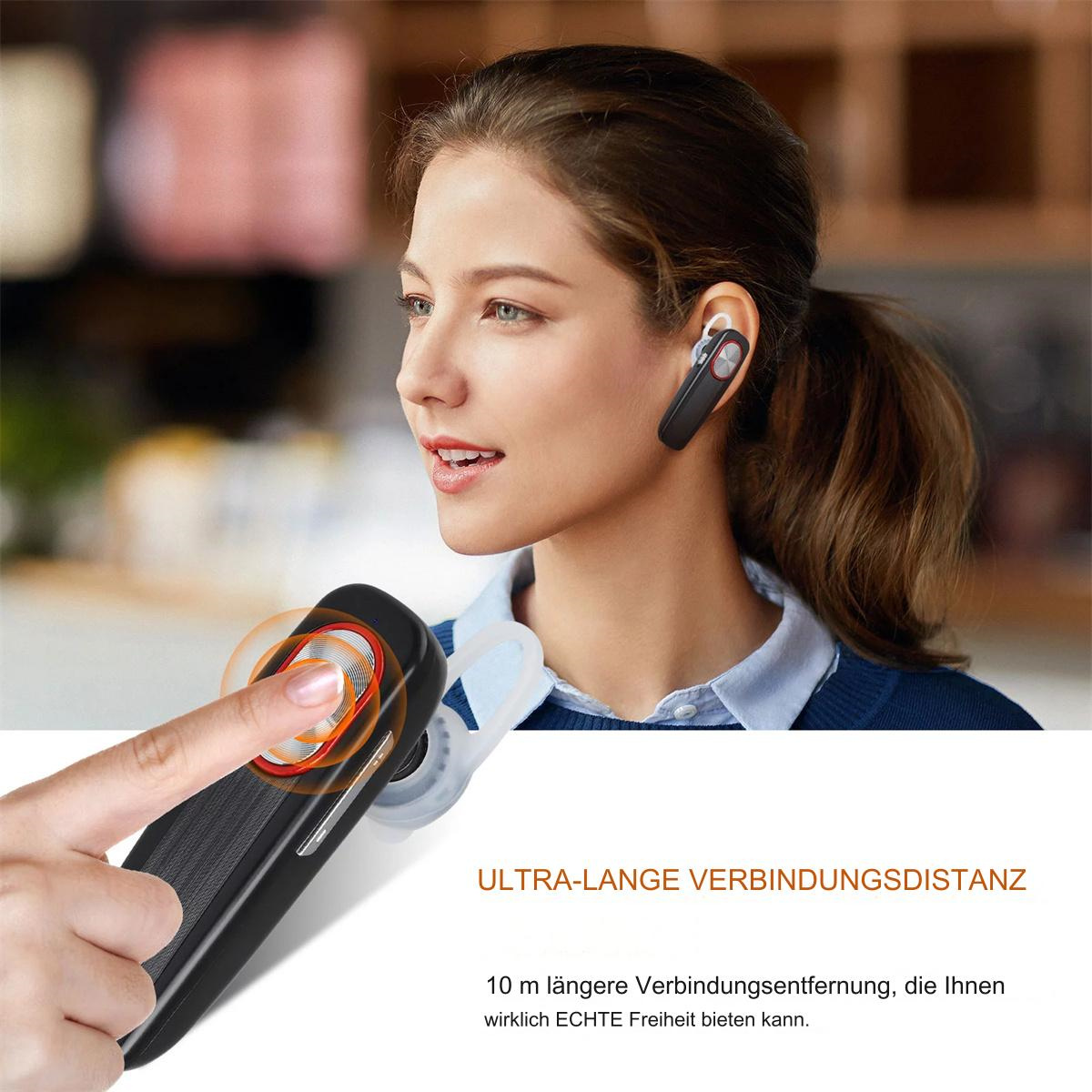 Frau mit kabellosem Ohrhörer, berührt ein Gerät. Text sagt ULTRA-LANGE VERBINDUNGSDISTANZ.