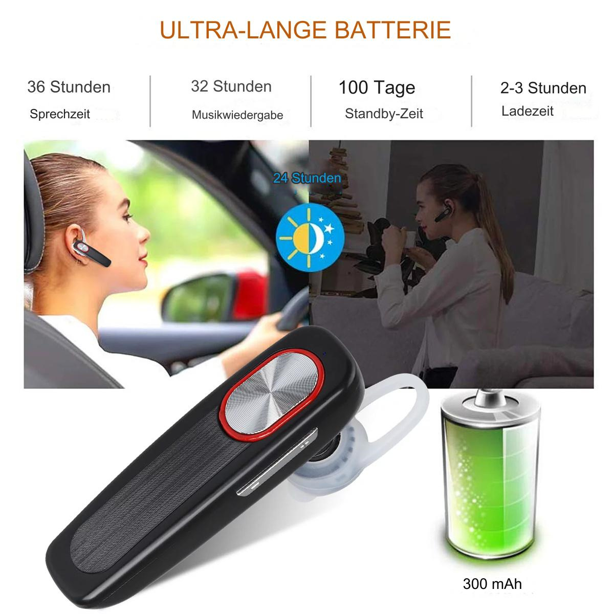 Bluetooth-Headset mit Akkulaufzeit-Infos. Eine Frau benutzt es im Auto und zu Hause.