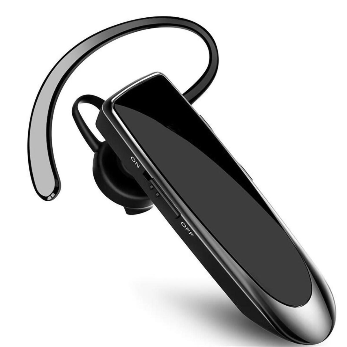 Schwarzes Bluetooth-Headset. Es hat einen Ohrbügel und einen langen, schlanken Körper mit Ein-/Aus-Taste.