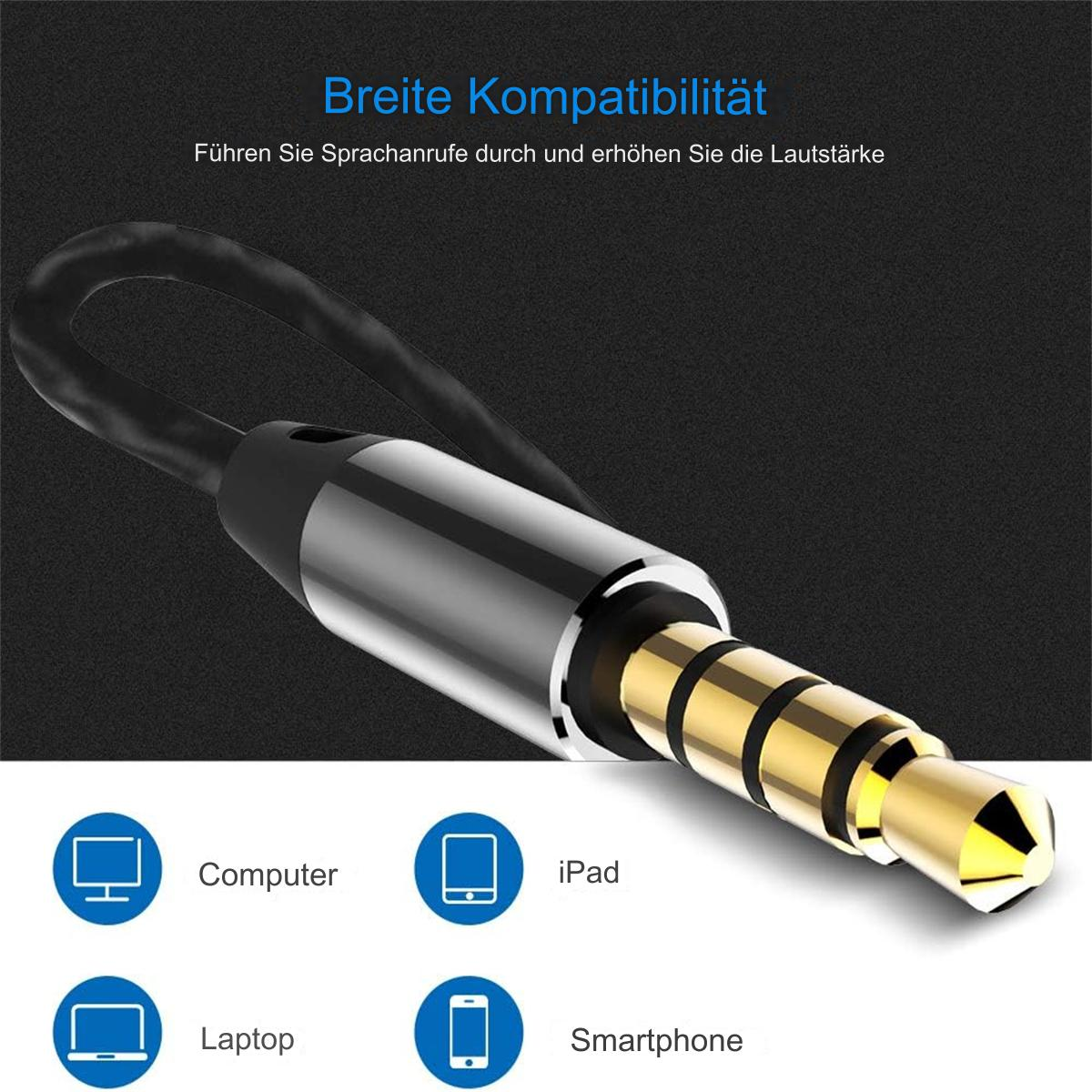 Nahaufnahme eines Audioanschlusses mit schwarzem Kabel. Kompatibilitäts-Symbole für Computer, iPad, Laptop und Smartphone werden angezeigt.